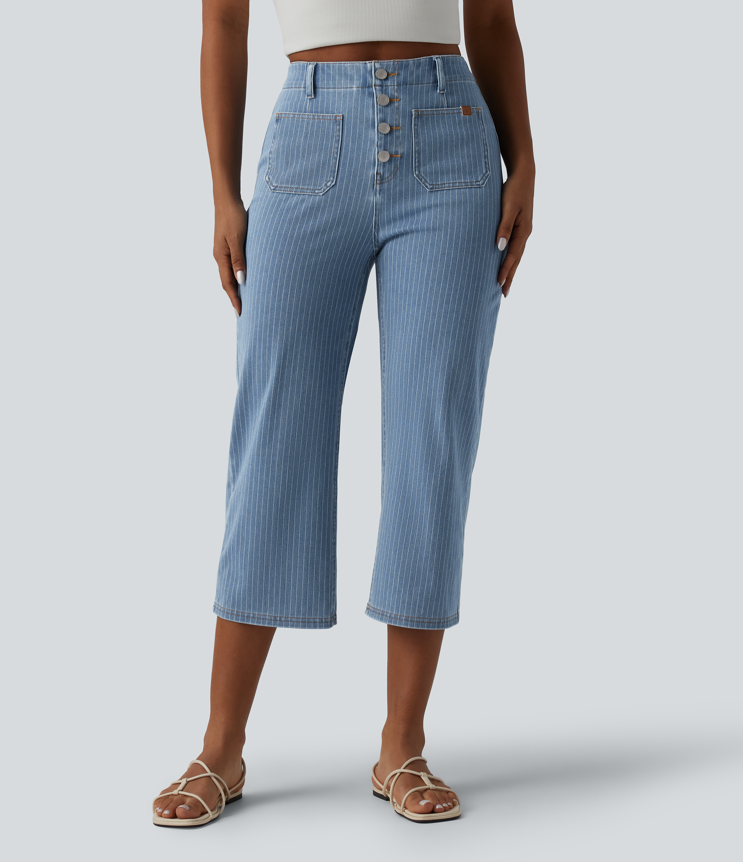 Halara Flex™ High Waisted Stripes Cropped Straight Leg Casual Jeans with Pockets
