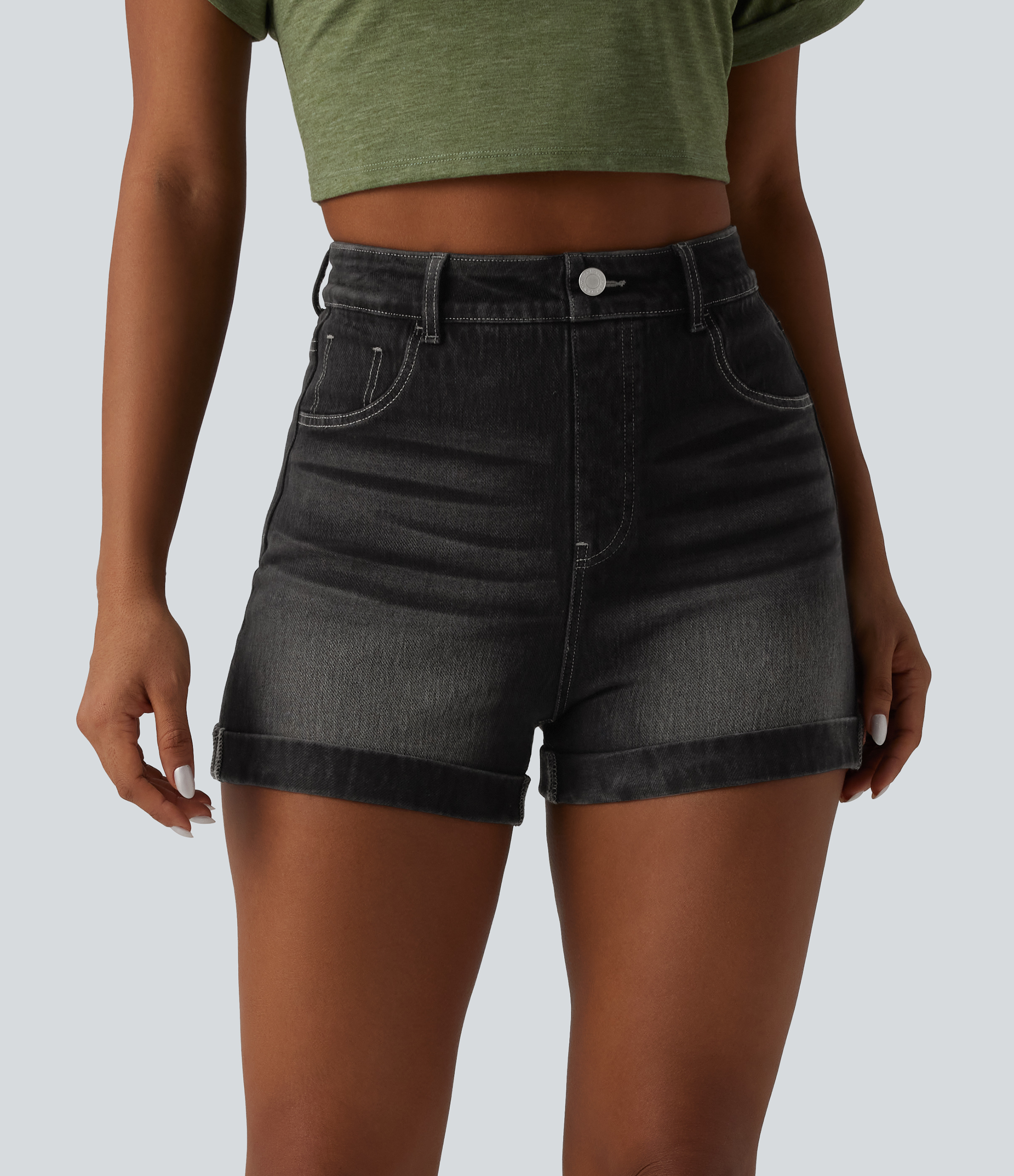 Halara Flex™ High Waisted Tummy Control Rolled Hem Denim Casual Shorts with Pockets