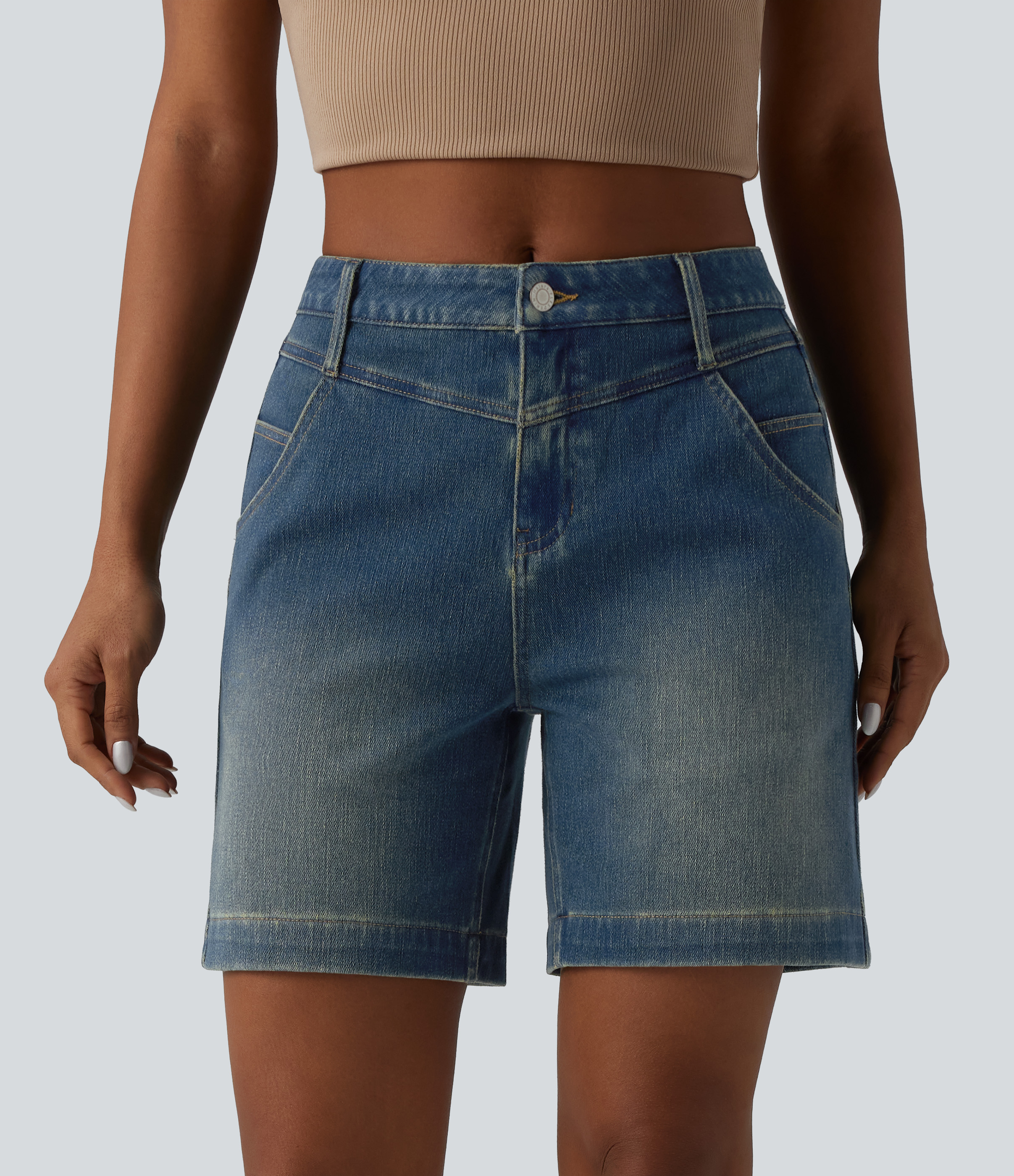Halara Flex™ casual loose-fitting denim shorts in a mid-rise wash with a rolled hem and pockets