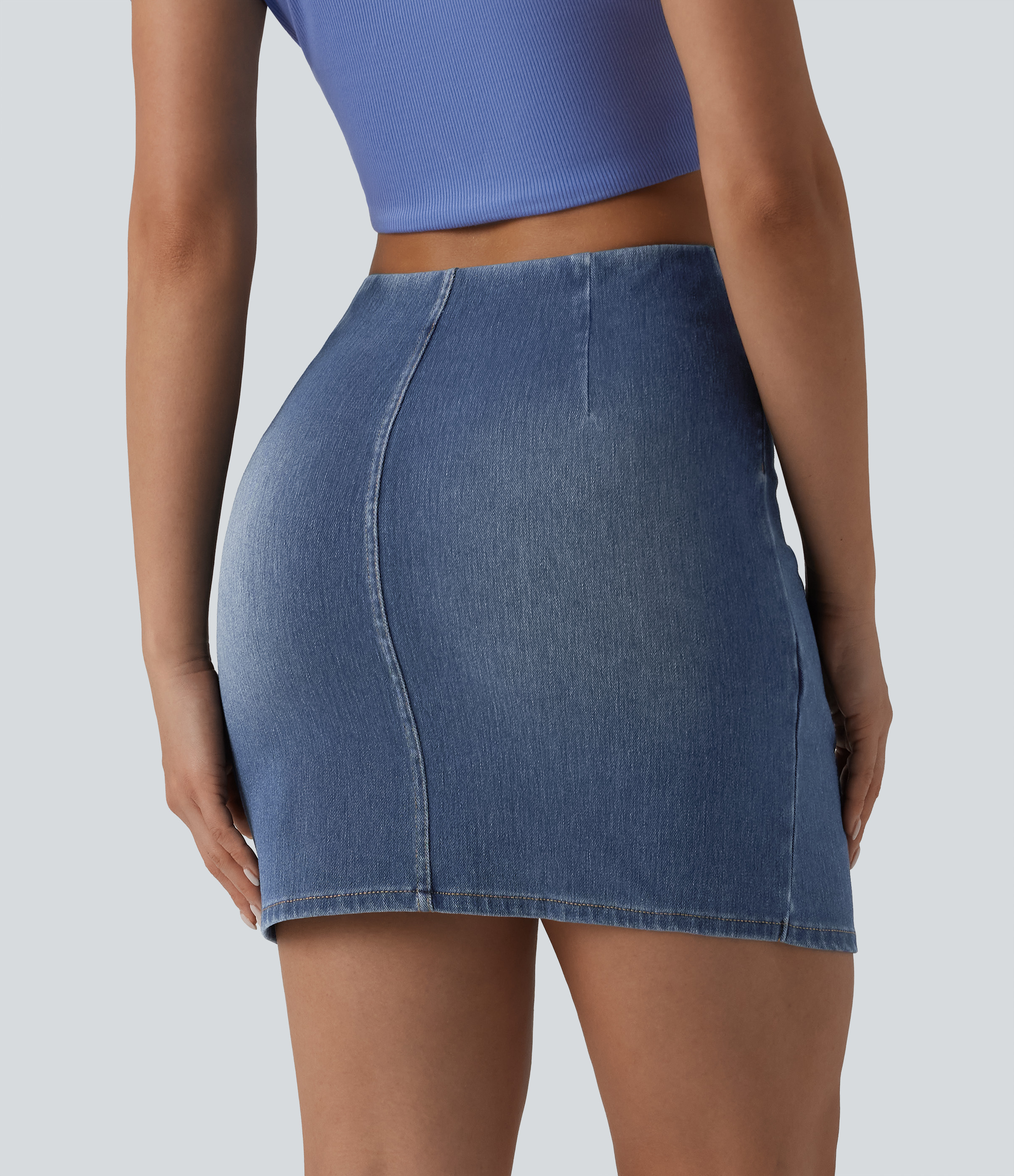 Tide Blue Denim Halara Flex™ High Waisted Ruched Crossover Hem Bodycon Mini Casual Denim Skirt  / 2