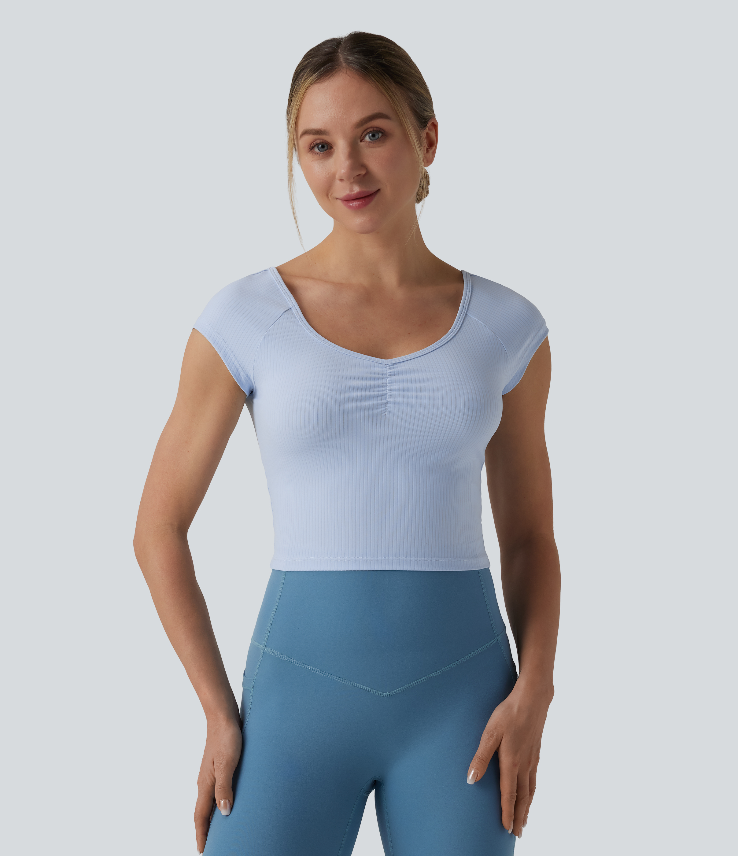 Ribbed Knit Sweetheart Neck Short Sleeve Workout Sports Top