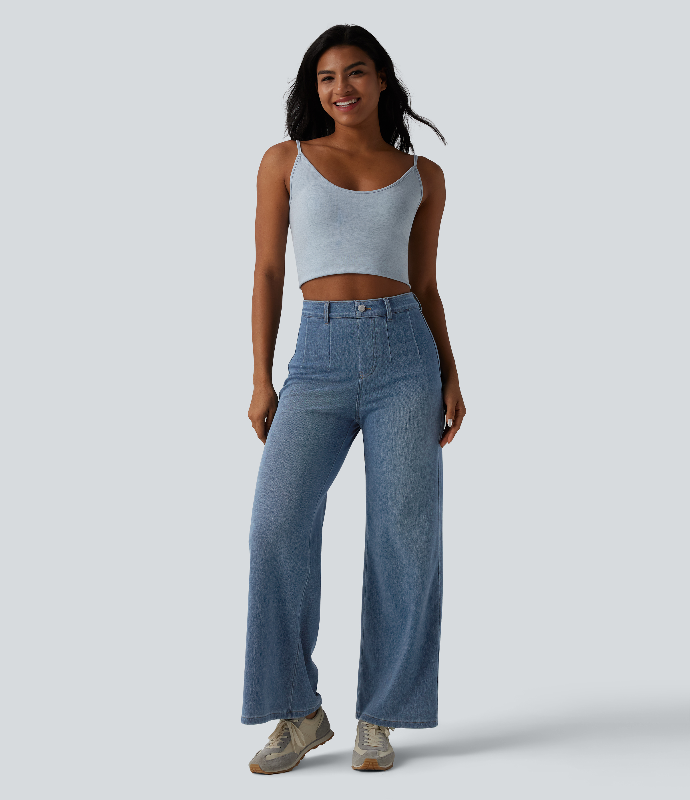 Jeans A Vita Alta Con Effetto Snellente, Gamba Larga, Tessuto Elasticizzato, 5 Tasche, Pull Up, In Cotone 80% E Poliestere 20%, Blu Scuro, Grigio E Nero