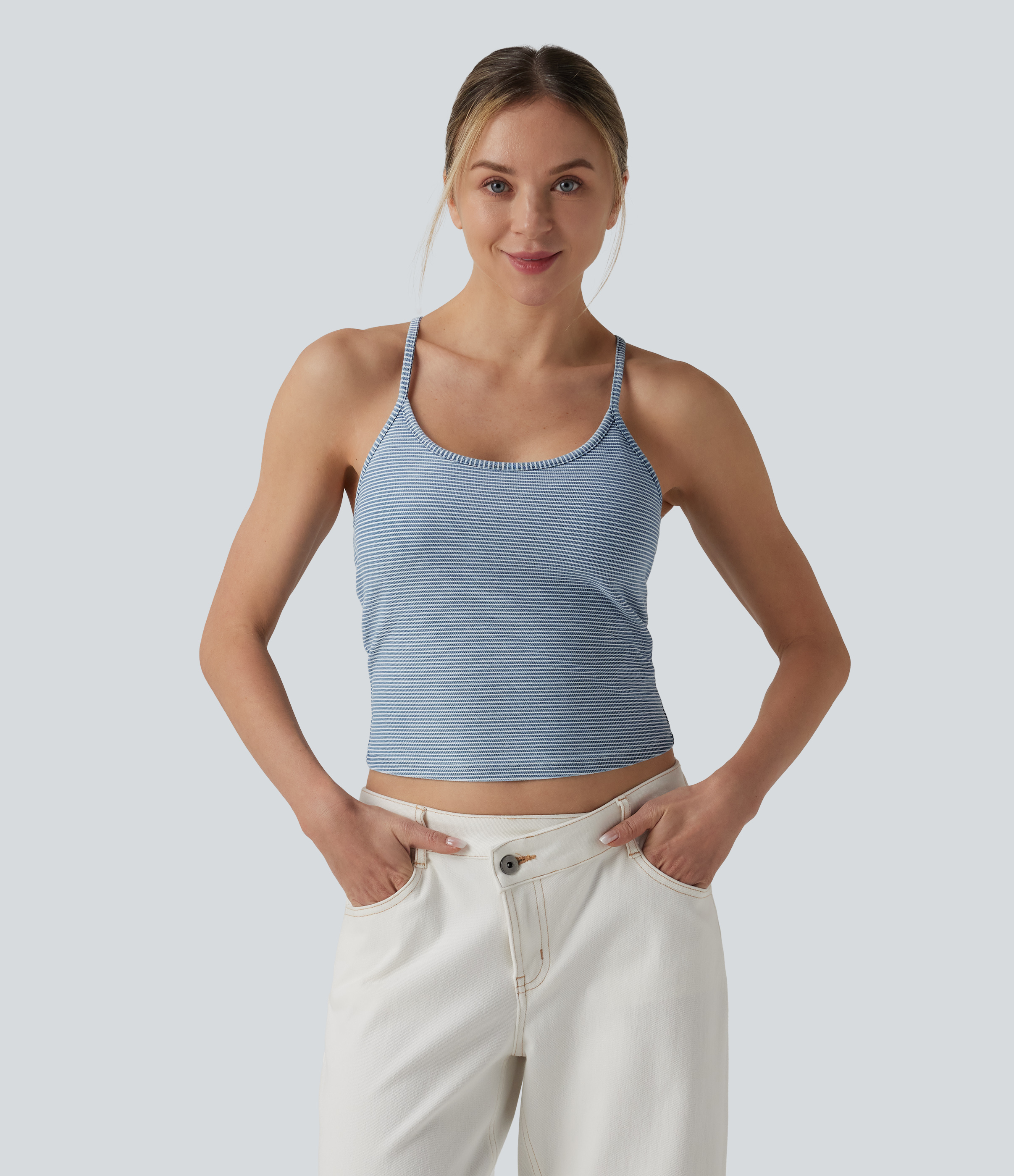 Malibu Blue Denim Halara Flex™ U-Neck Built-in Bra Stripes Denim Casual Cami Top / 2