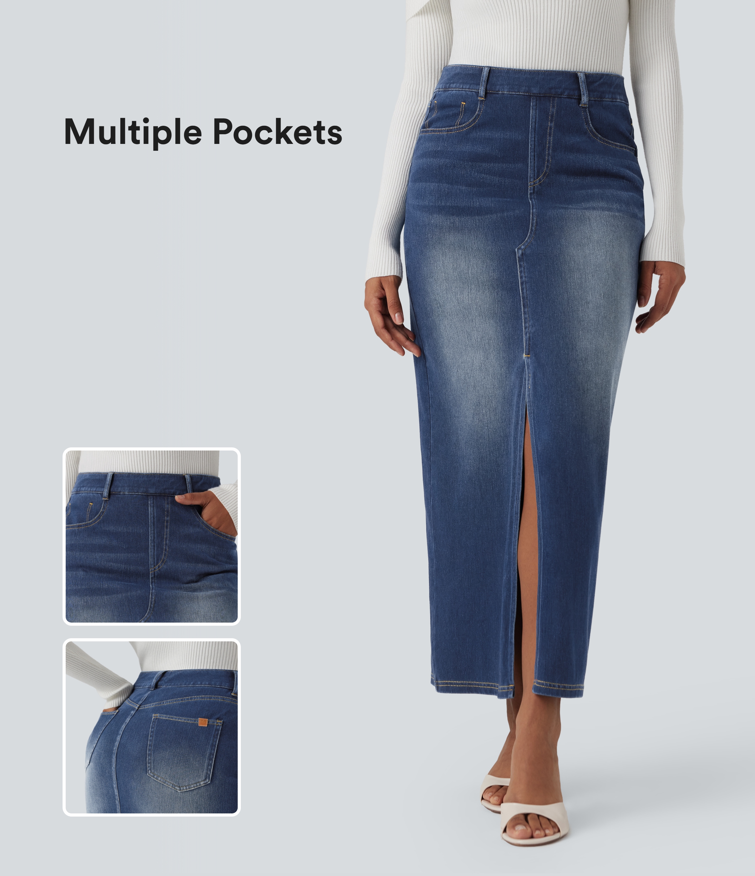 Halara Flex™ High Waisted Washed Denim Straight Maxi Casual Skirt with Pockets
