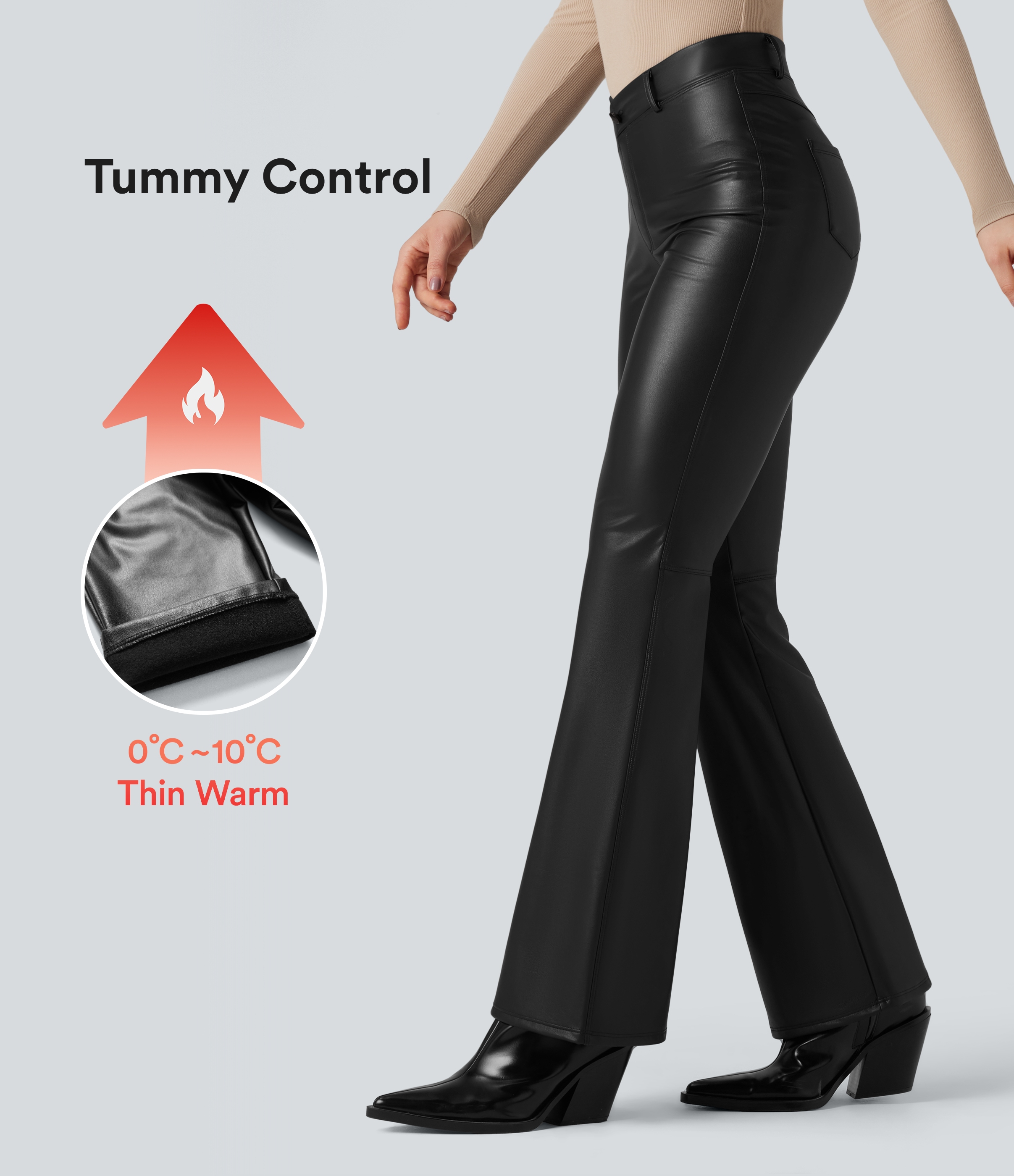 Asymmetric High Waisted Tummy Control Stretchy PU Faux Leather Fleece Casual Flared Trousers with Pockets