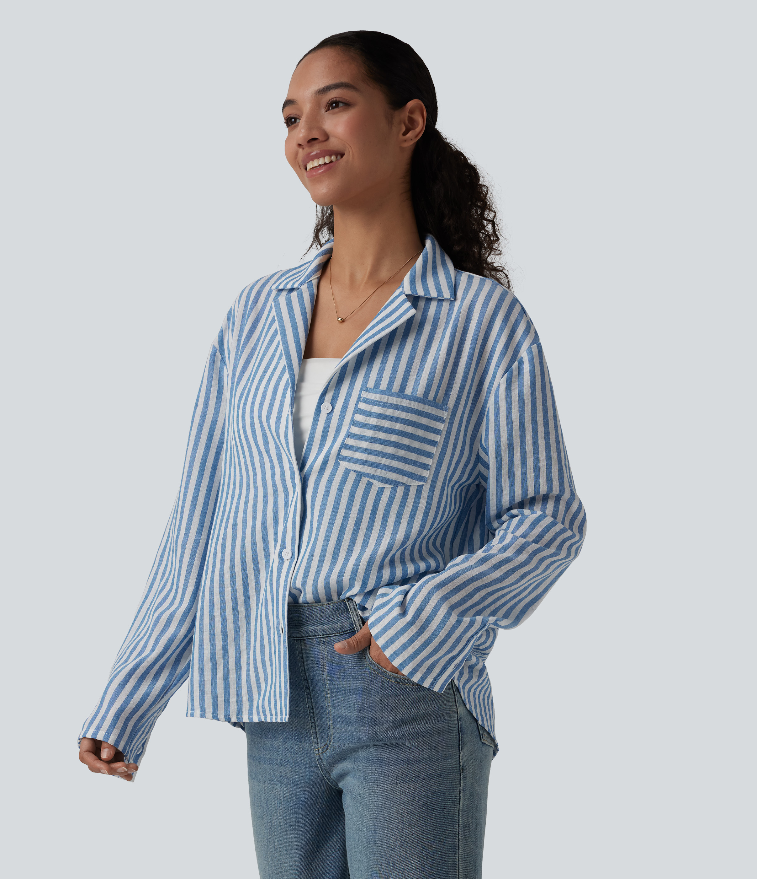 Notched Collar Long Sleeve Stripe Casual Linen-Feel Shirt with Pocket