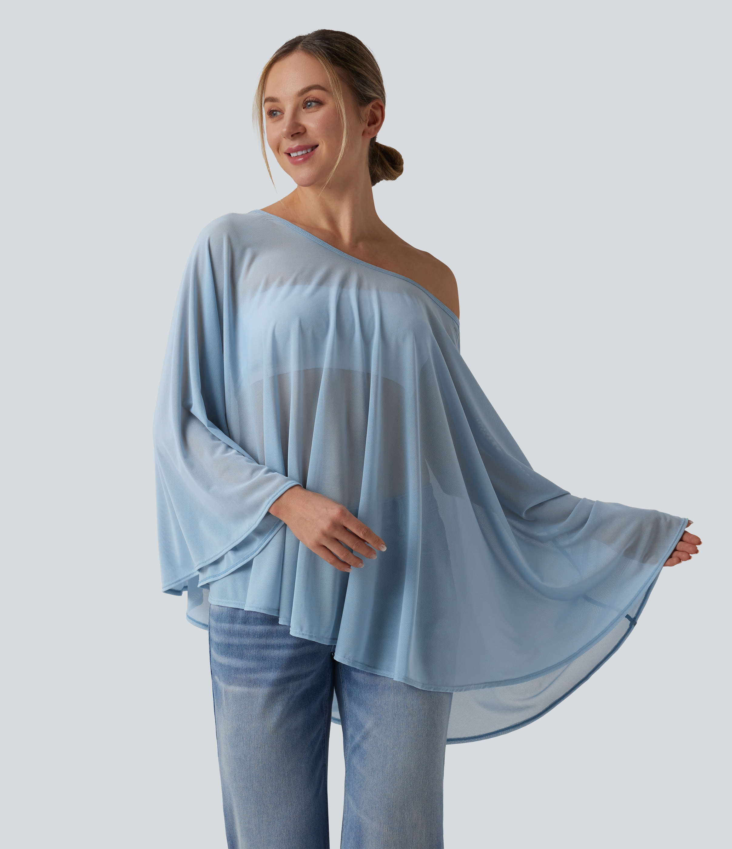 Light Foggy Blue Einschulter-Cape aus transparentem Mesh / 1