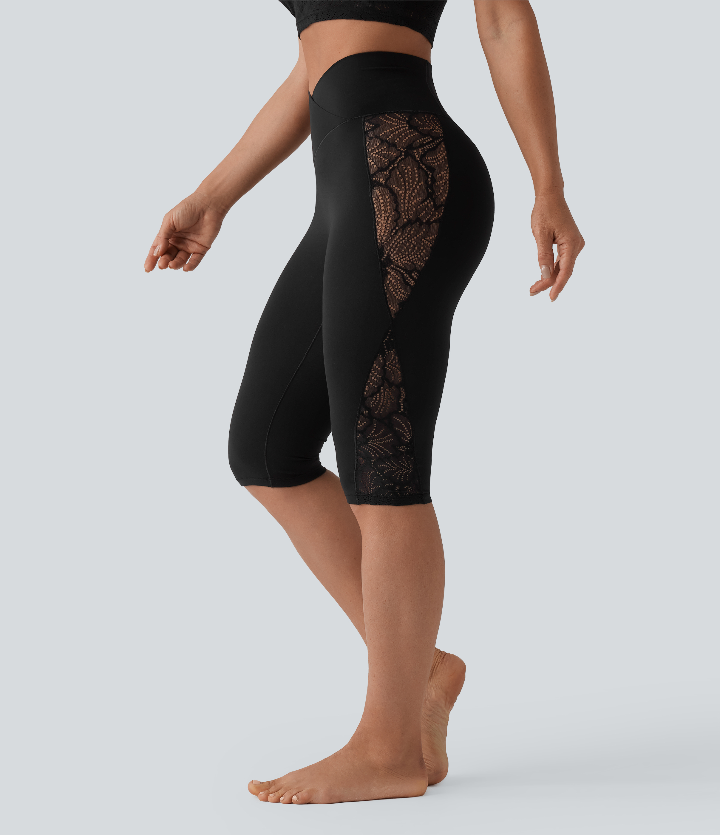 SoftlyZero™ High Waisted Crossover Contrast Lace Pedal Pusher Yoga Leggings with Pocket-UPF50+