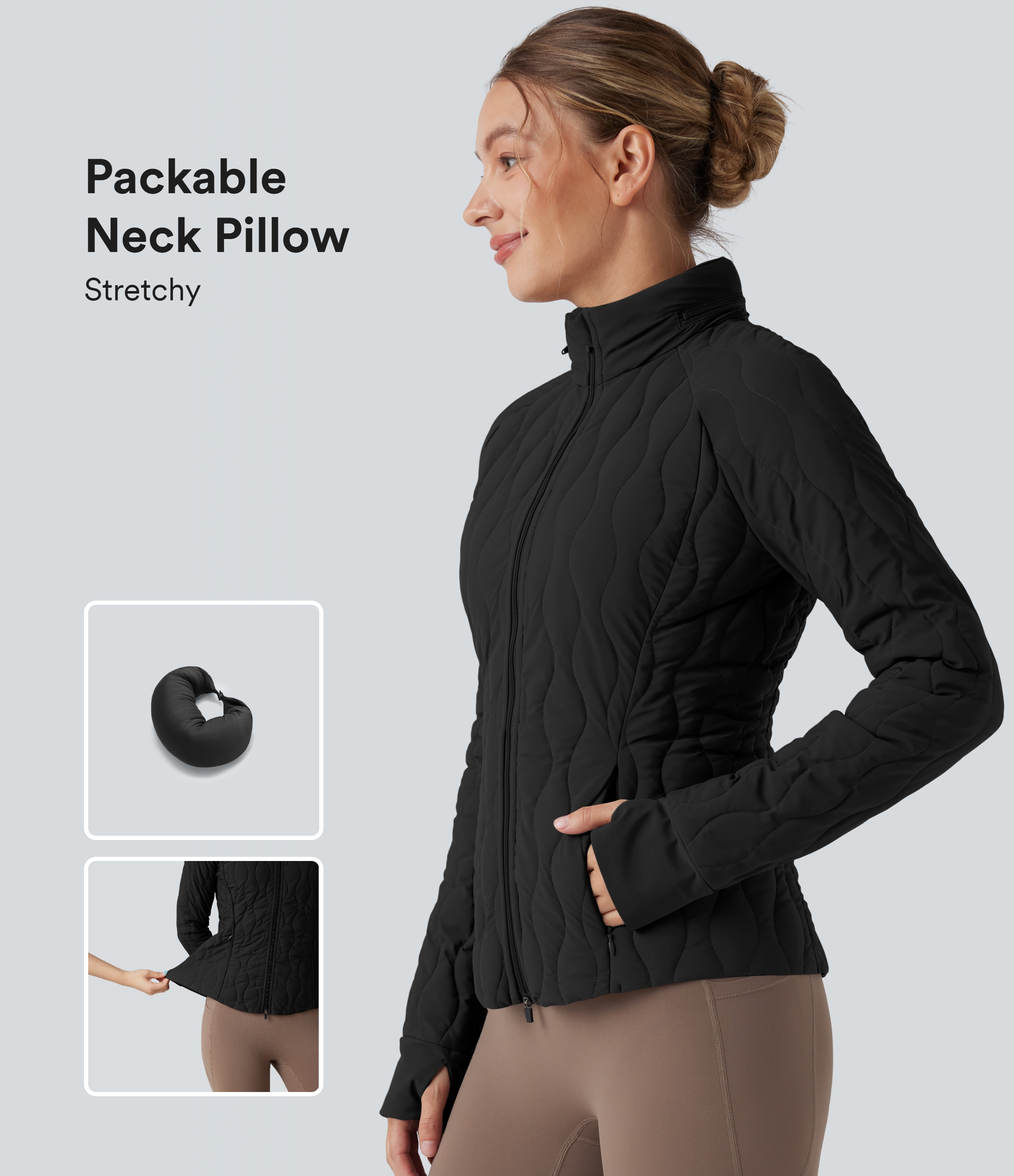 Workout-Stretch-Steppjacke mit hohem Kragen, Seitentaschen, langen Ärmeln und Daumenlöchern - verstaubar