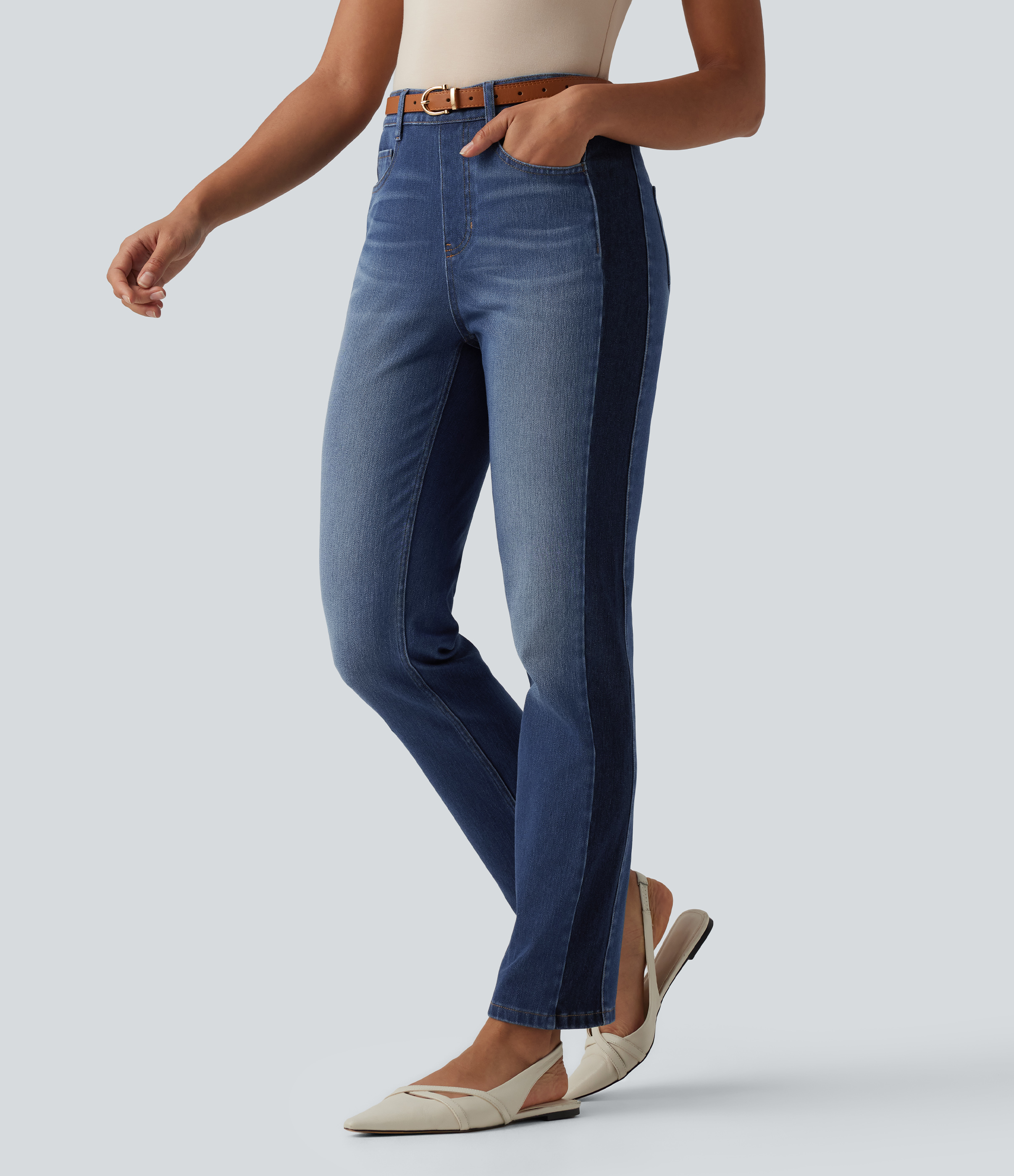 Halara Flex™ High Waisted Slim Color Block Casual Jeans with Pockets