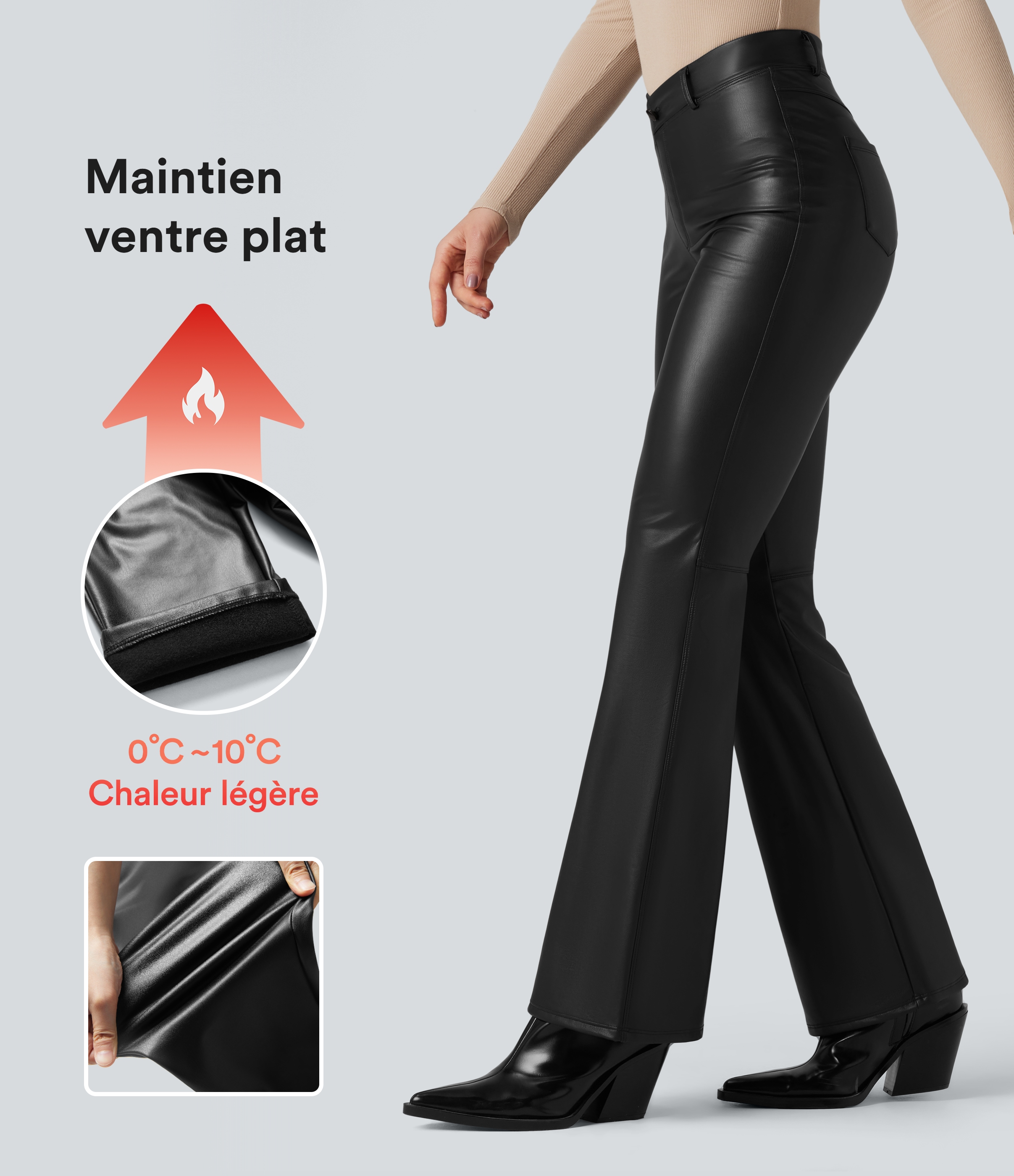 Noir Pantalon évasé asymétrique polaire PU gainant extensible taille haute avec poches / 1