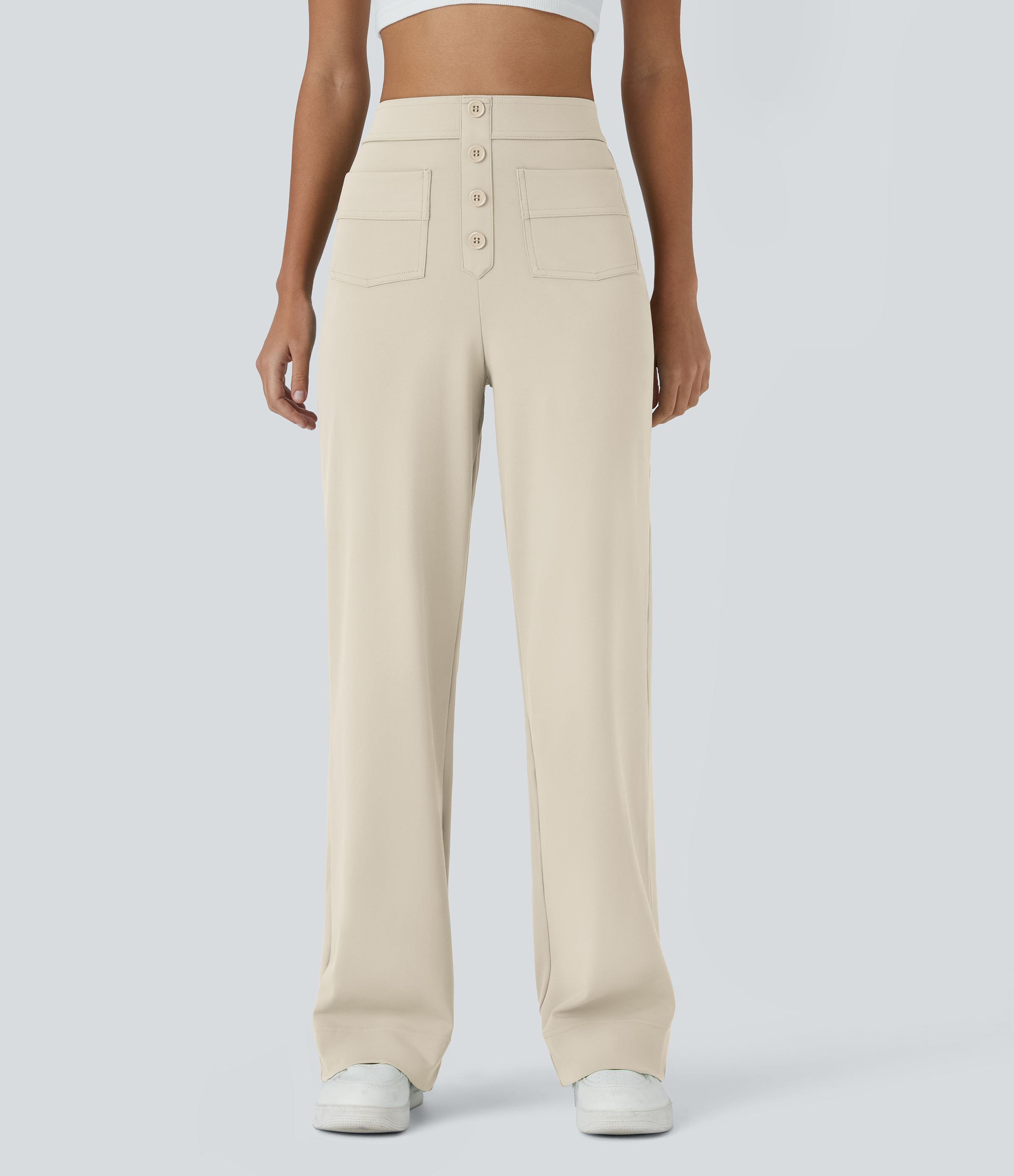 Lässige Stoffhose mit hohem Bund und mehreren Taschen und geradem Bein