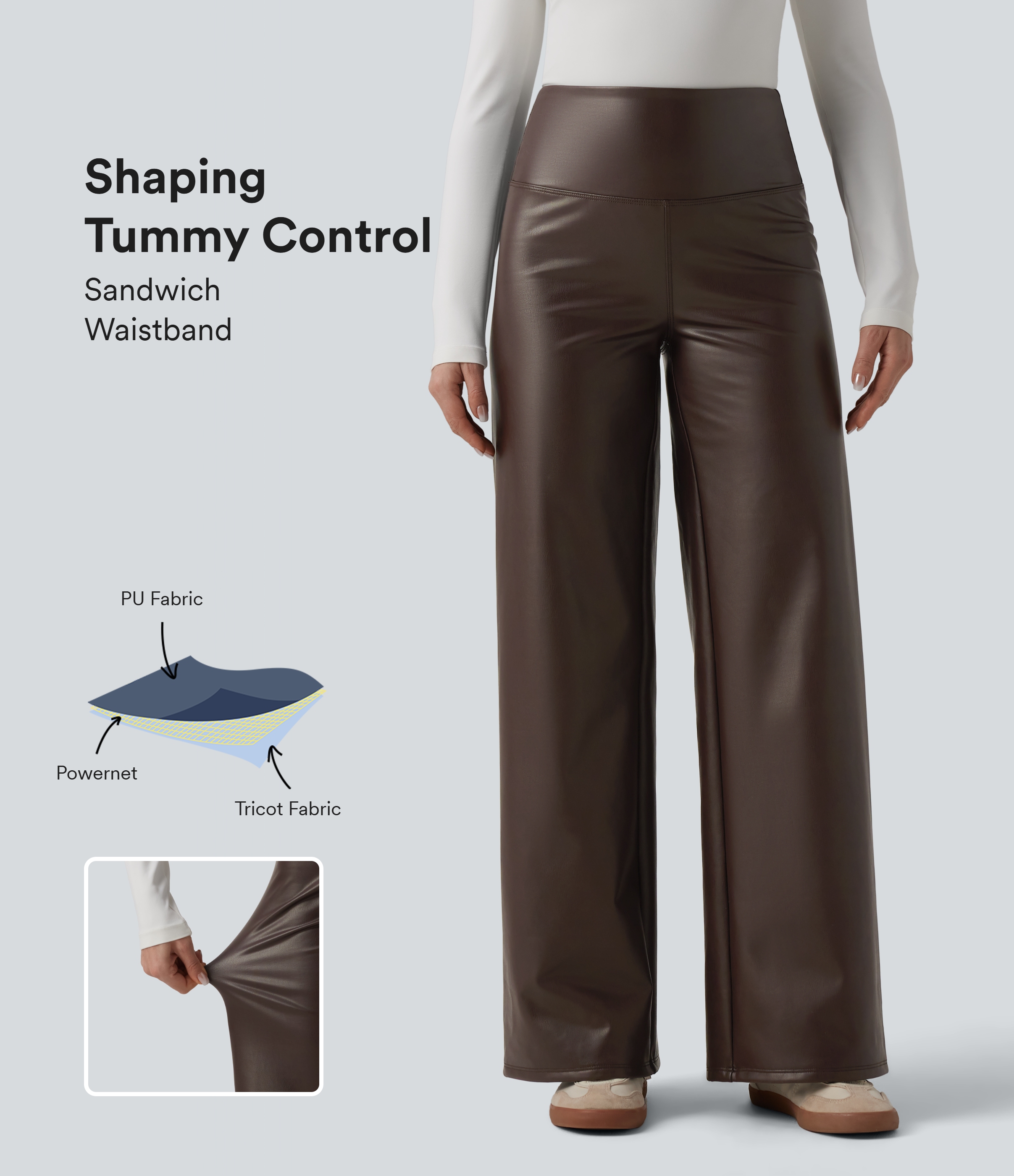High Waisted Tummy Control Wide Leg Stretchy PU Fleece Casual Pants with Pockets