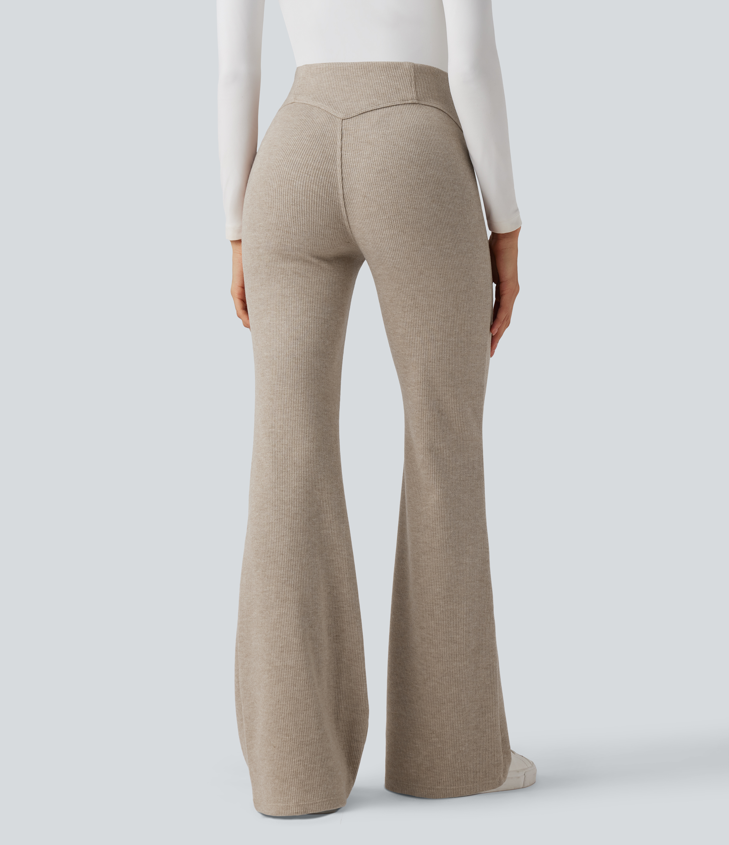 Oatstone Beige Ribbed High Waisted Tummy Control Casual Flare Pants / 2