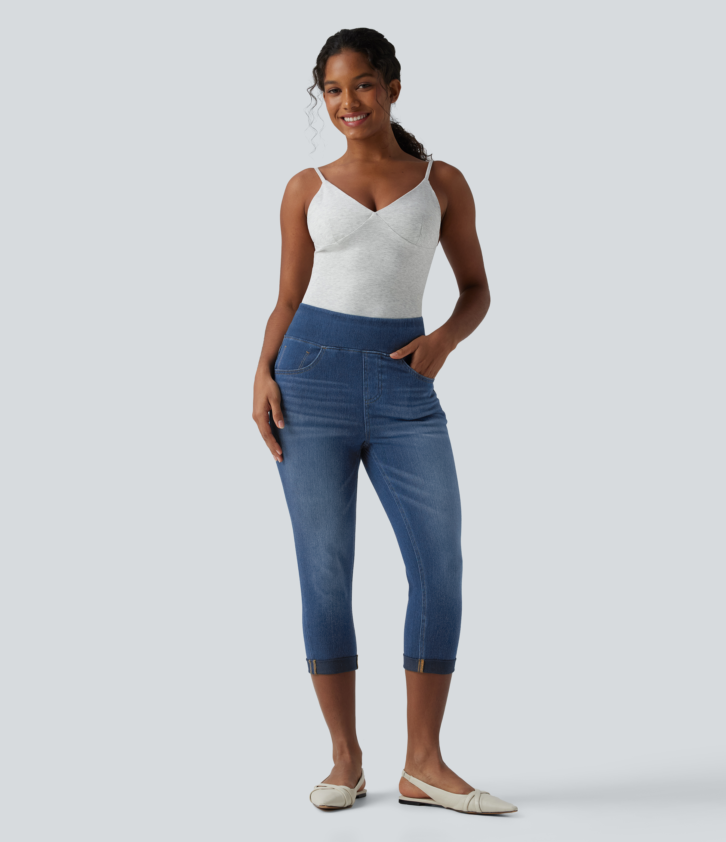 Halara Flex™ - Lässige Skinny-Capri-Jeans mit hohem Bund, mehreren Taschen und umgeschlagenem Saum