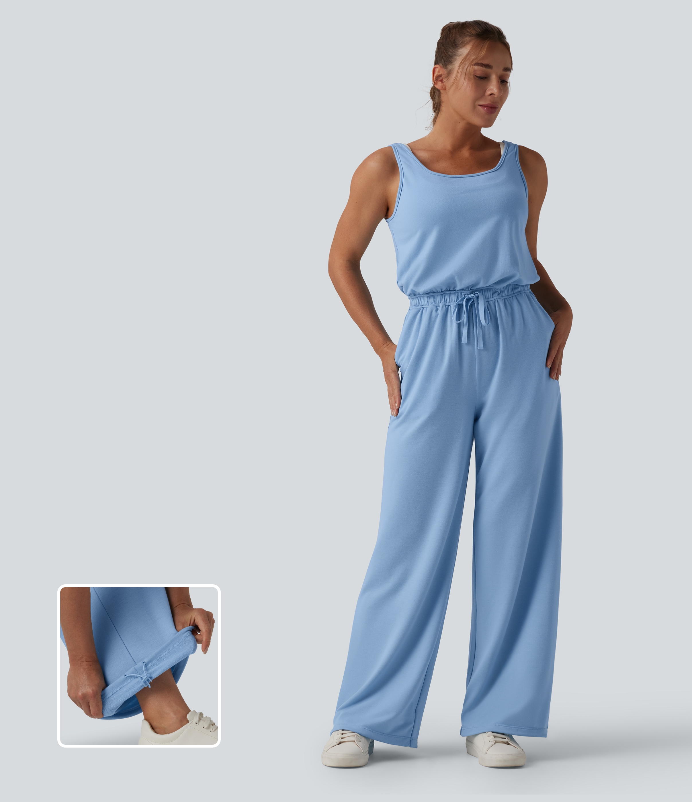 U Neck Scoop Back Drawstring Casual Jumpsuit with Pockets