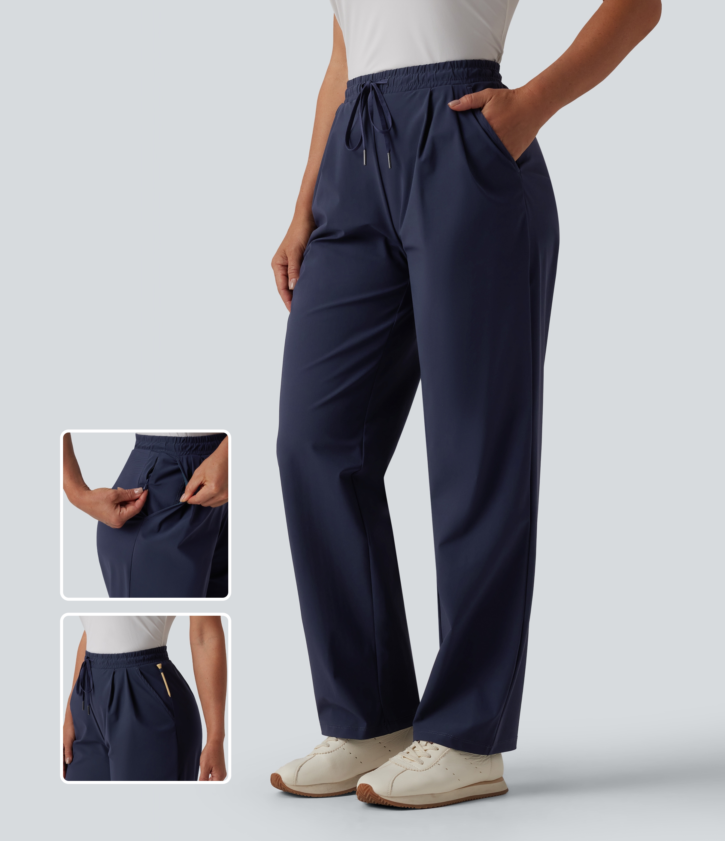 High Waisted Drawstring Straight Leg Quick Dry Golf Pants with Pockets