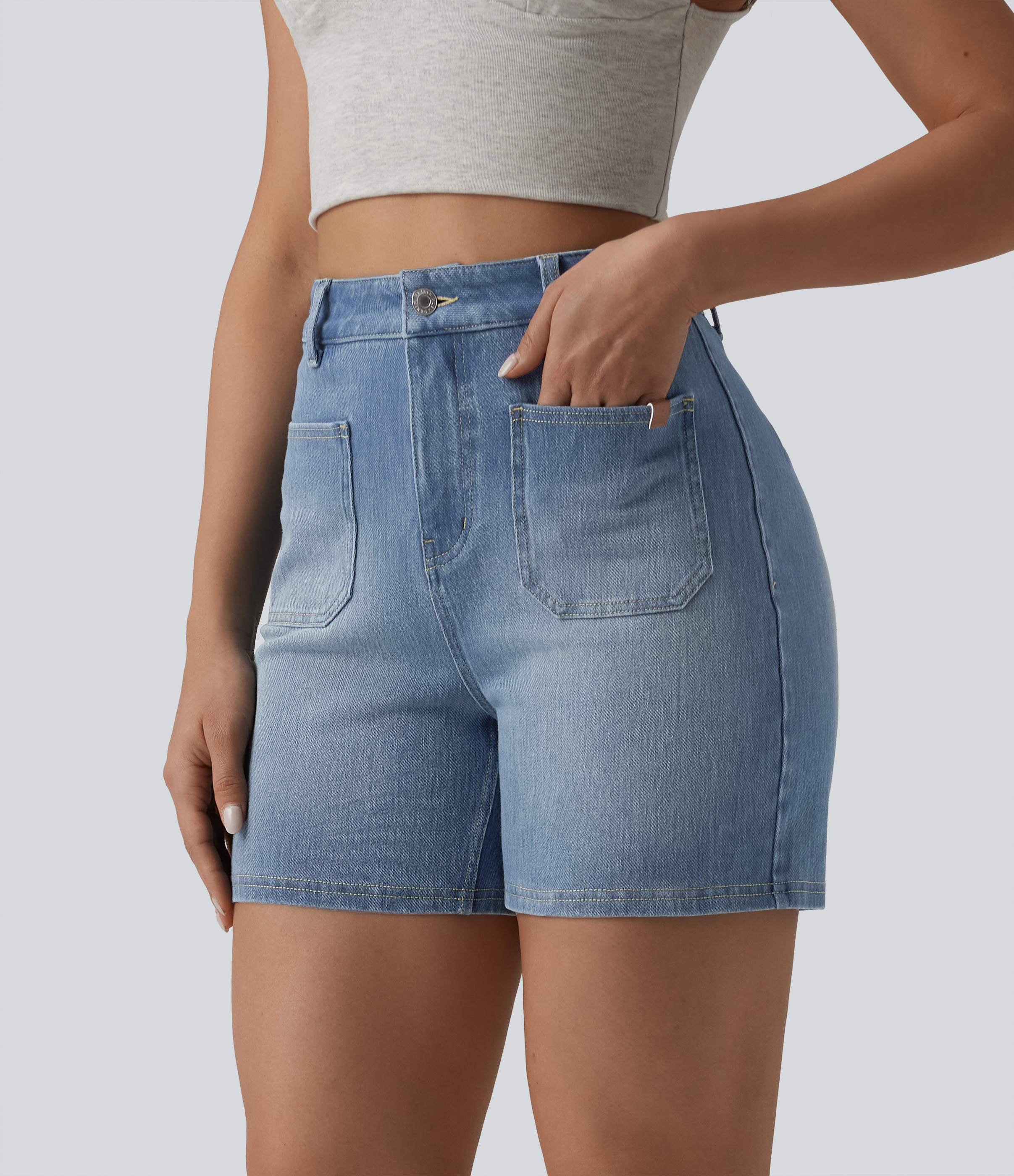 Halara Flex™ High Waisted Washed Denim Casual Shorts 4'' with Pockets