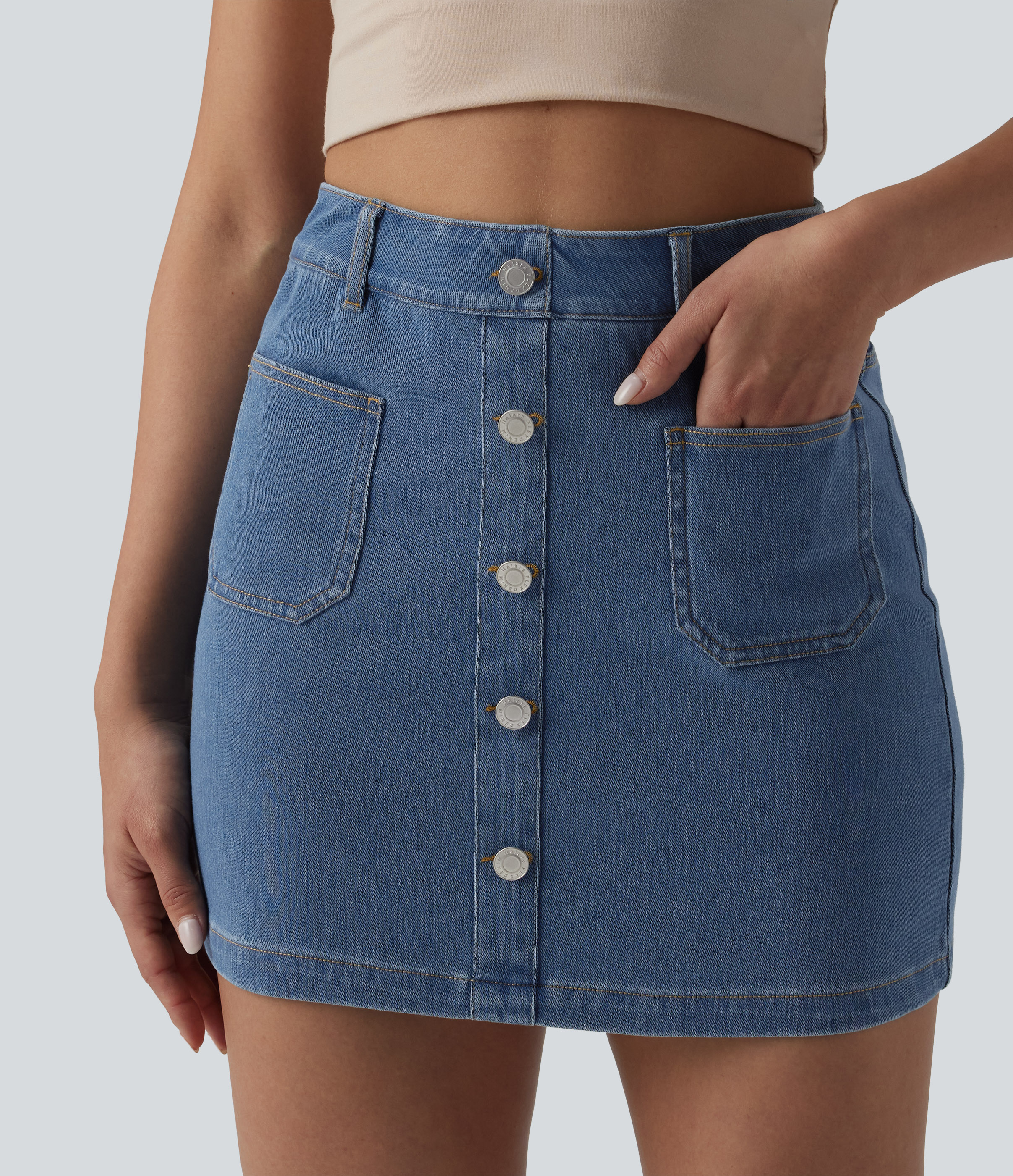 Halara Flex™ High Waisted Decorative Buttons Bodycon Mini Casual Denim Skirt with Pockets