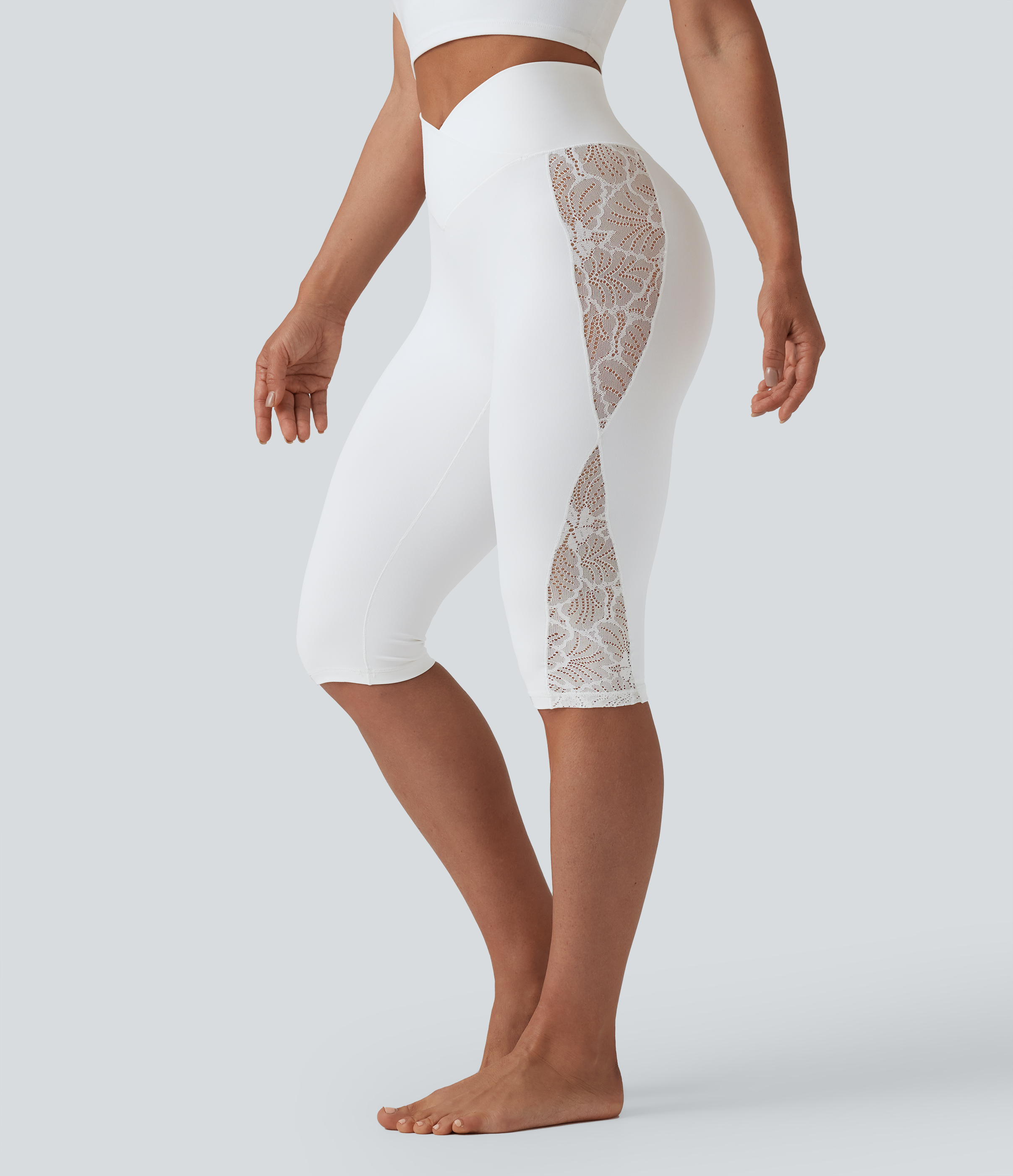 SoftlyZero™ High Waisted Crossover Contrast Lace Pedal Pusher Yoga Leggings with Pocket-UPF50+