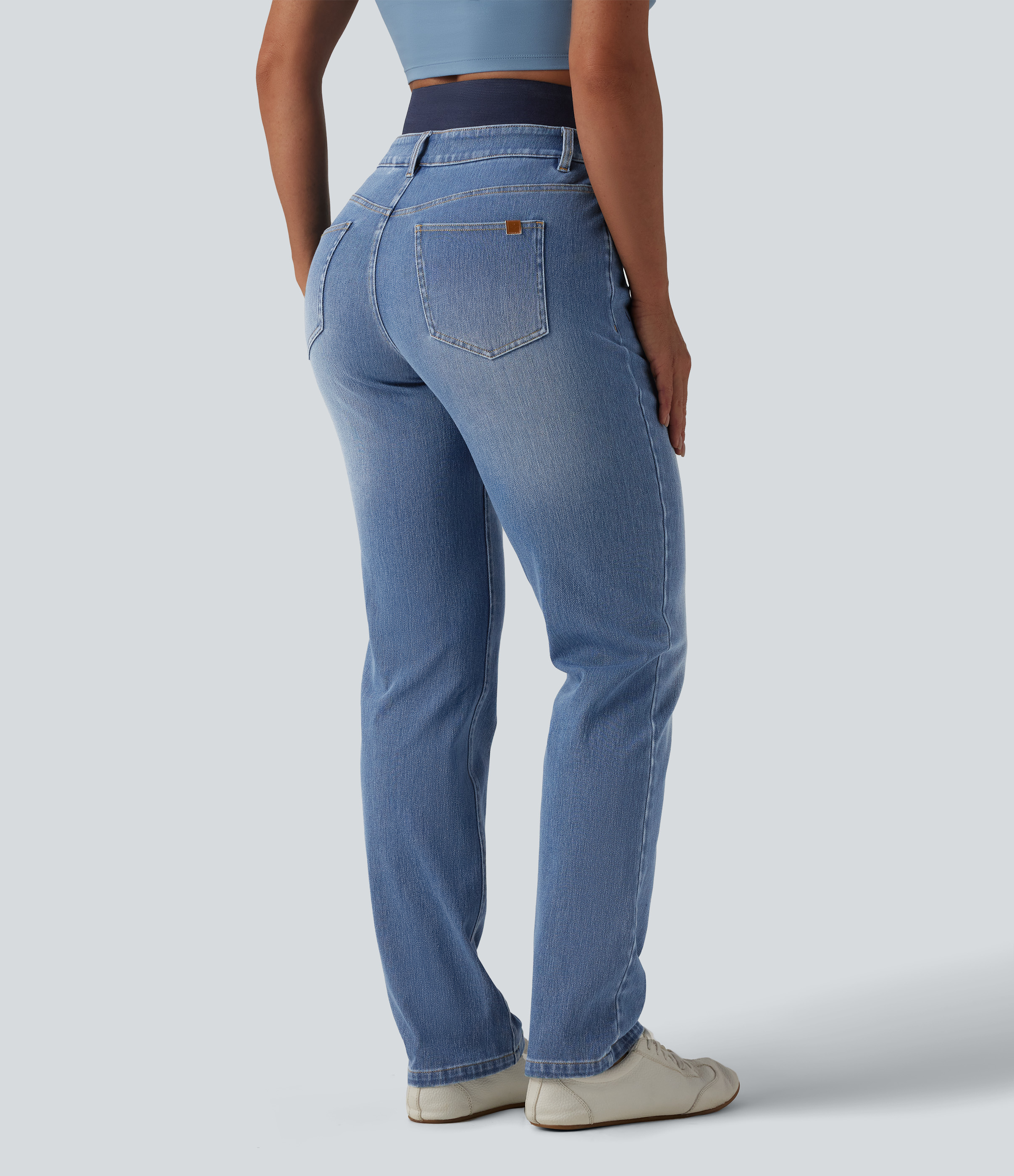  Blue Jasper Denim Jean ajusté décontracté Halara Flex™ double ceinture gainant taille haute avec poches / 2