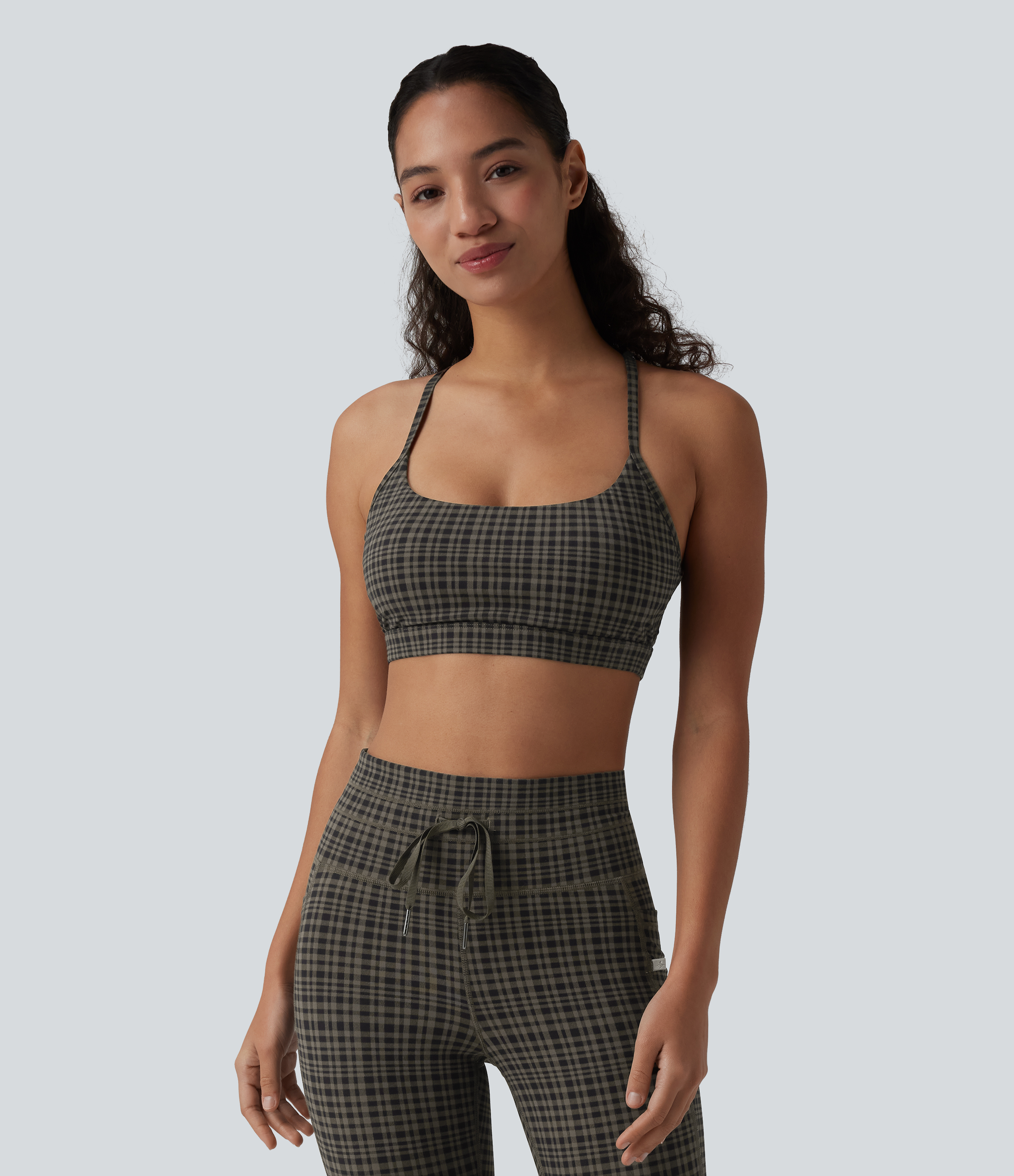 Sandstone Check Plaid Halara UltraSculpt™ - Yoga-Sport-BH mit geringem Support und Karomuster / 2