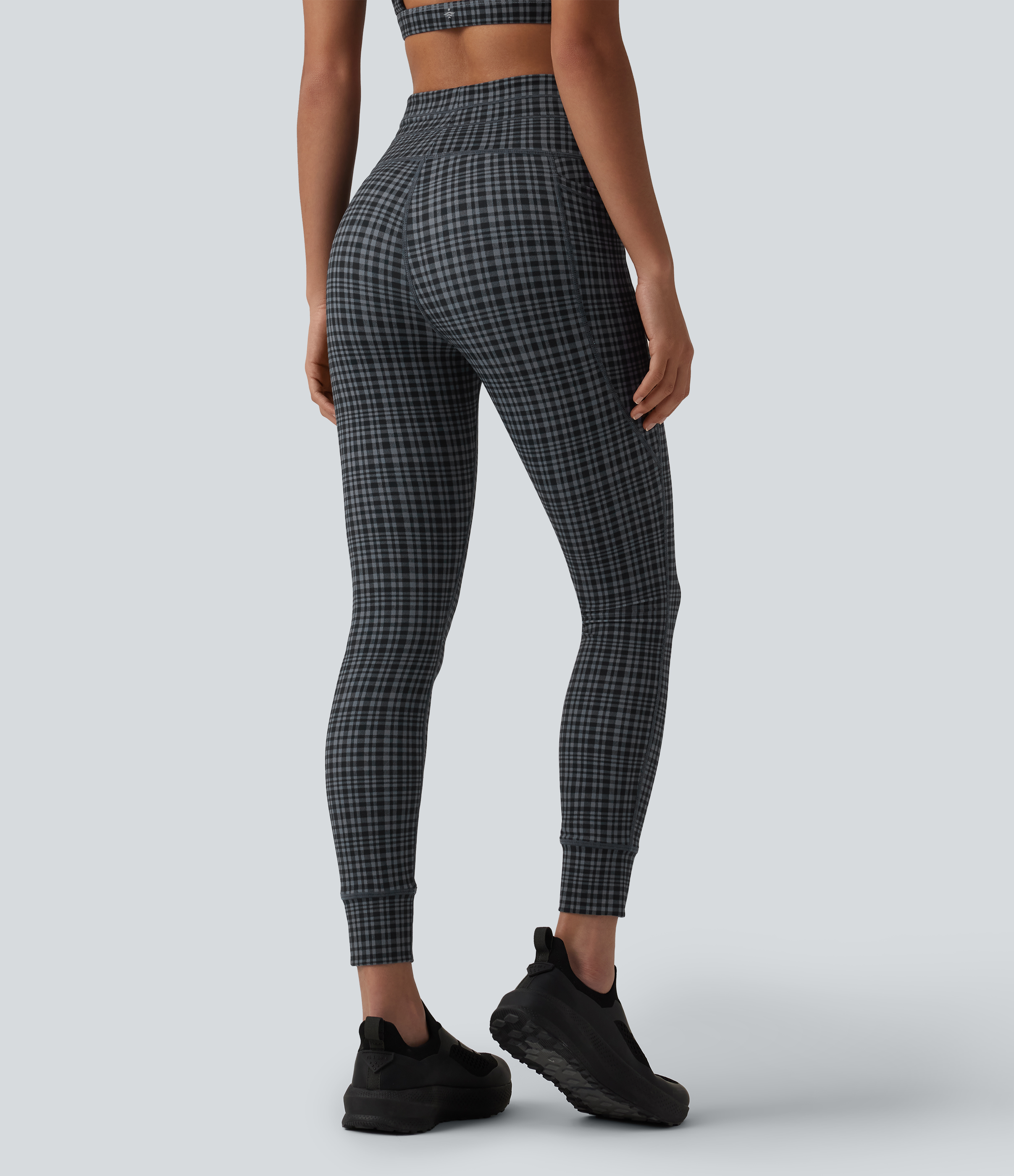 Storm Gray Check Plaid Halara UltraSculpt™ Check Plaid Print High Waisted Drawstring Yoga Leggings with Pockets / 2