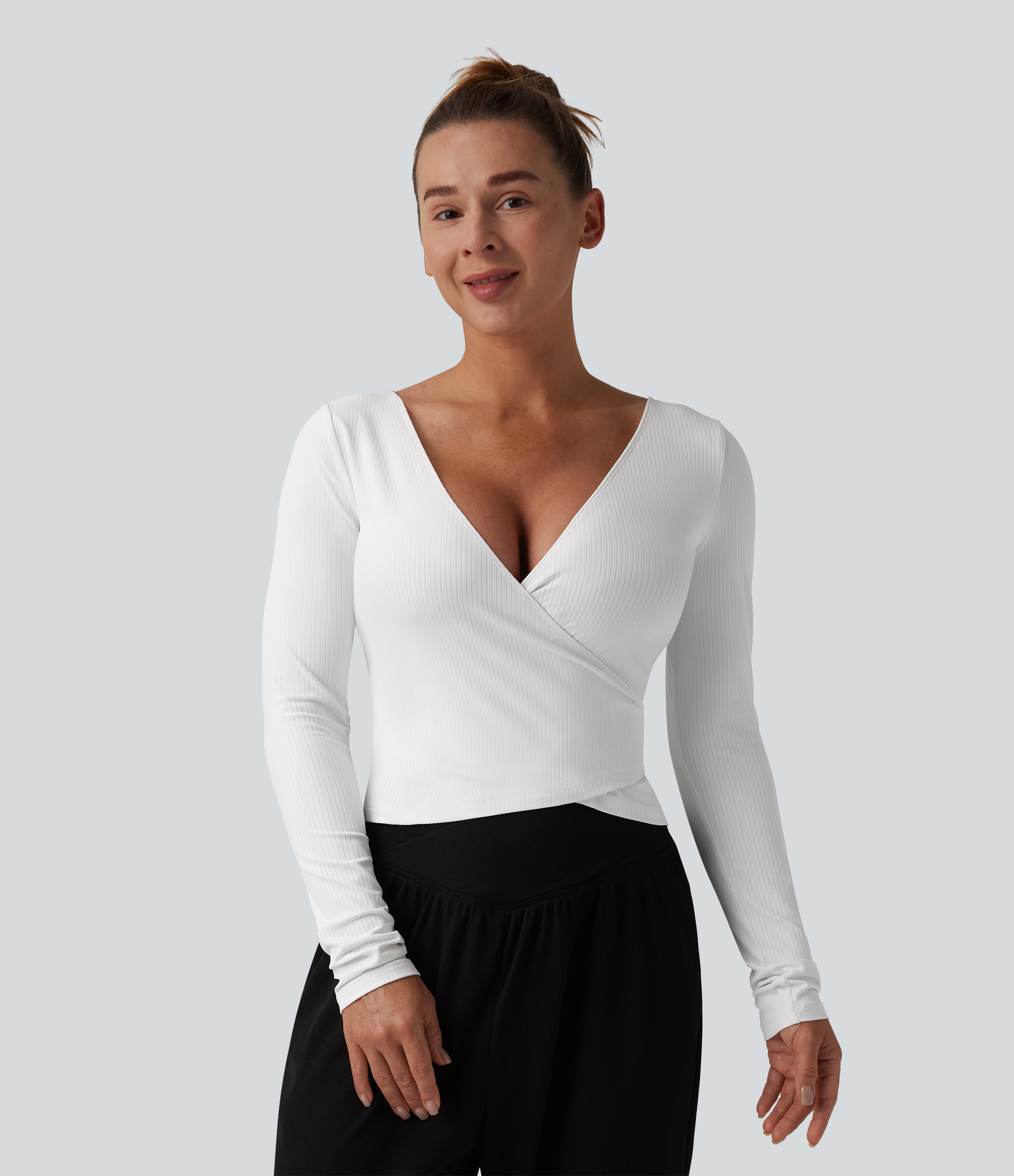 Ribbed Knit Deep V Neck Long Sleeve Yoga Sports Top