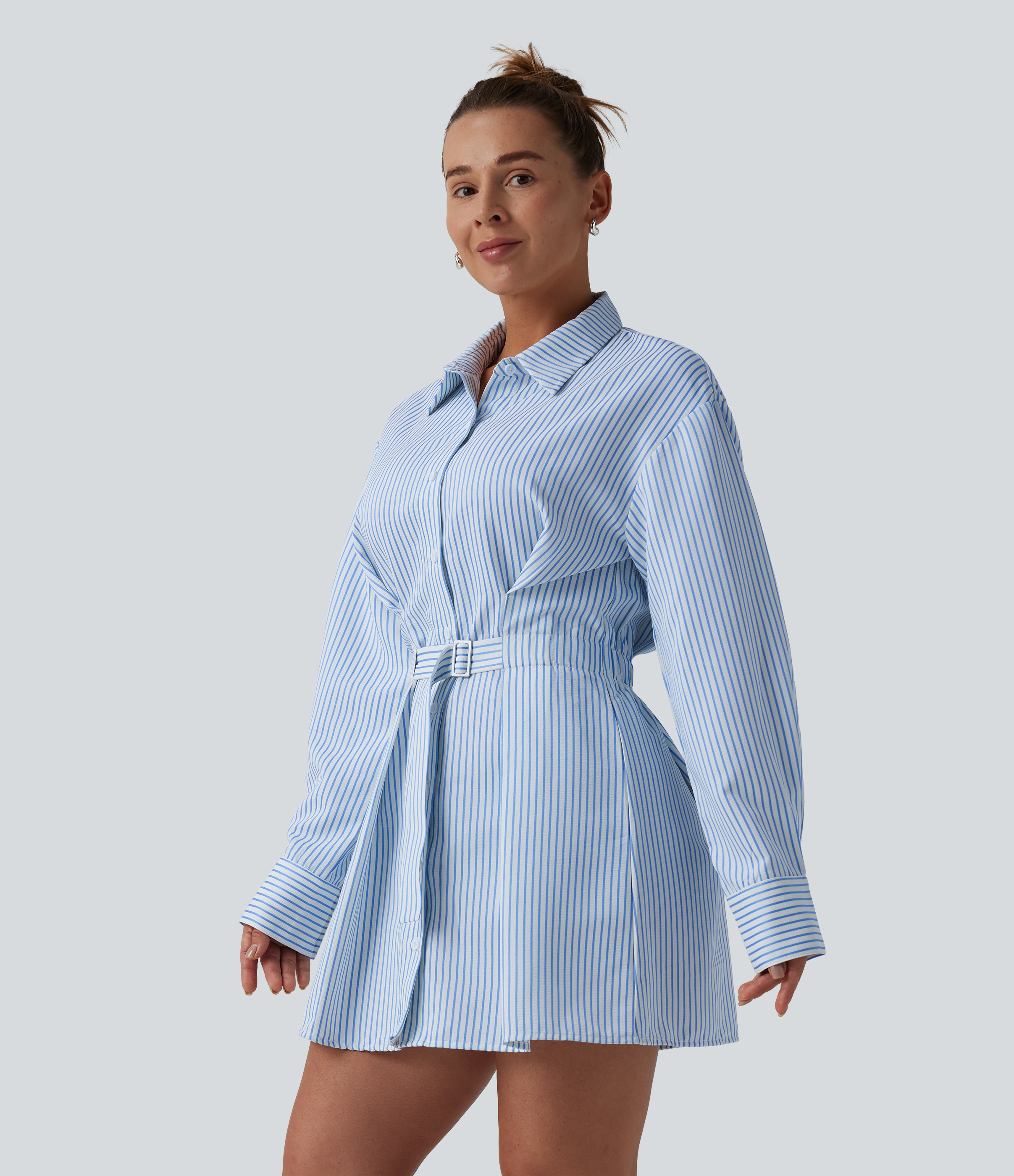 Long Sleeve Belted Stripe Mini Casual Shirt Dress