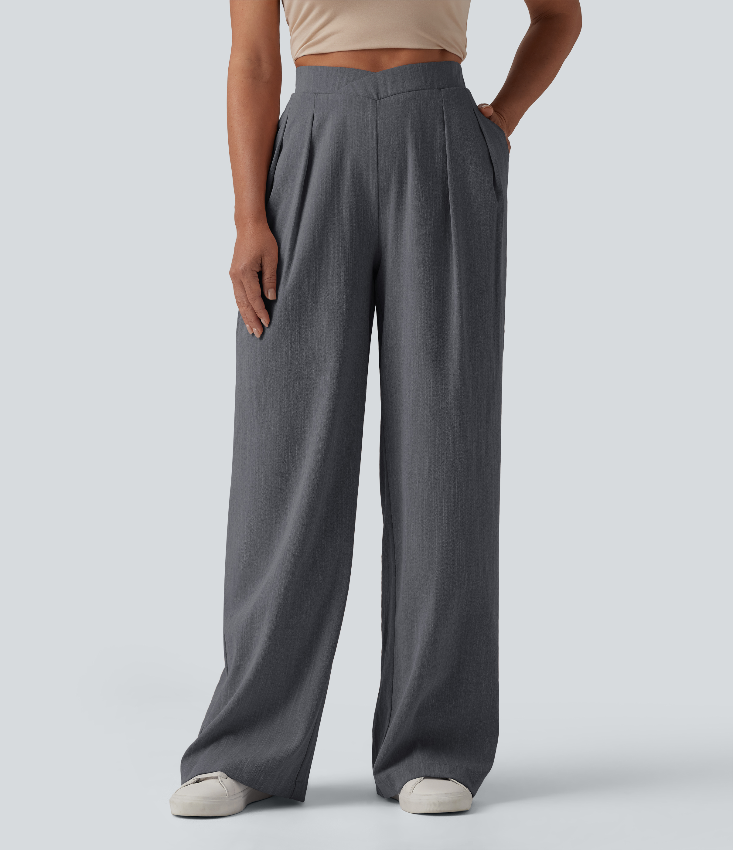 Women's High Waisted Crossover Wide Leg Casual Linen-Feel Pants