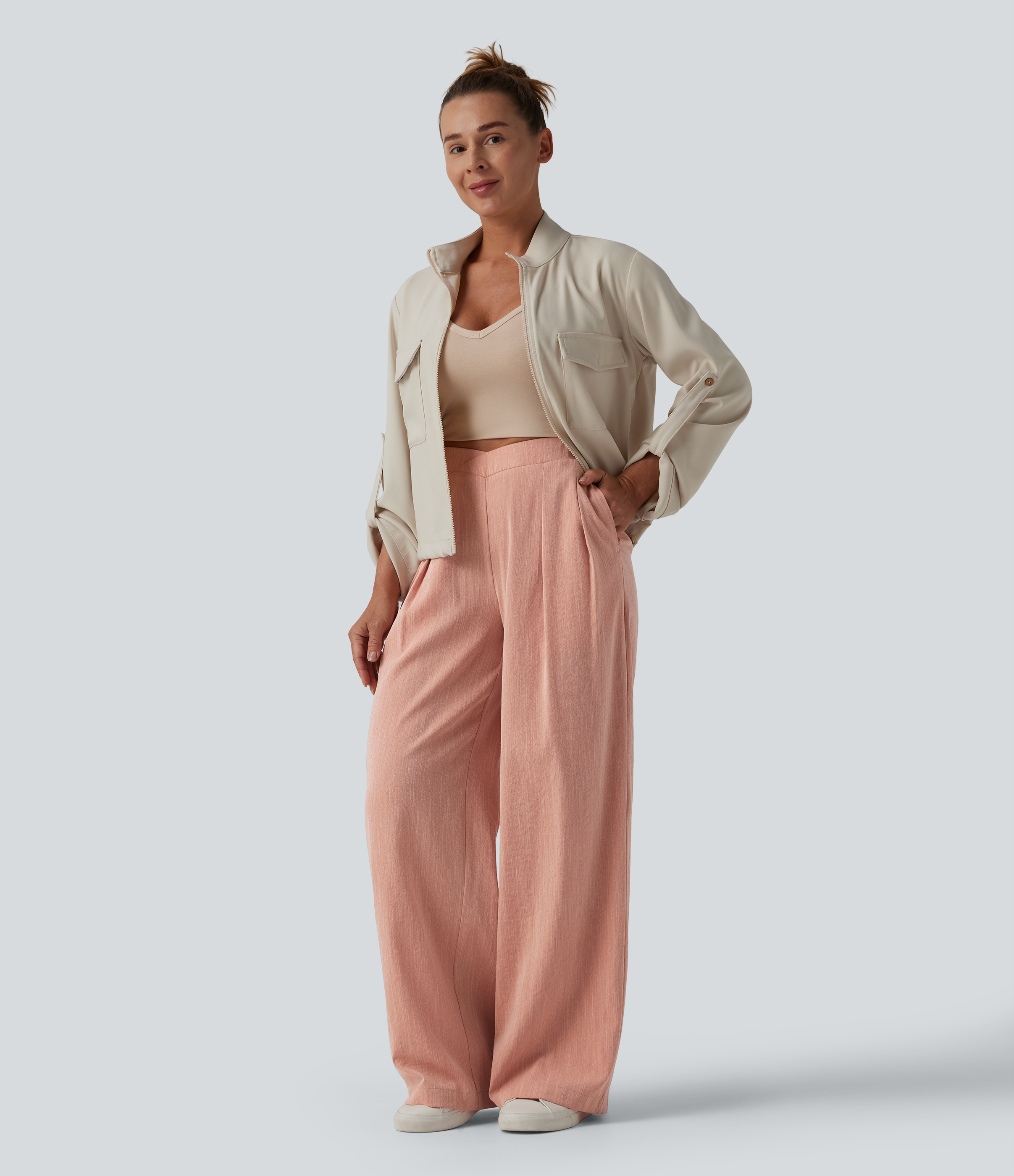 Women's High Waisted Crossover Wide Leg Casual Linen-Feel Pants