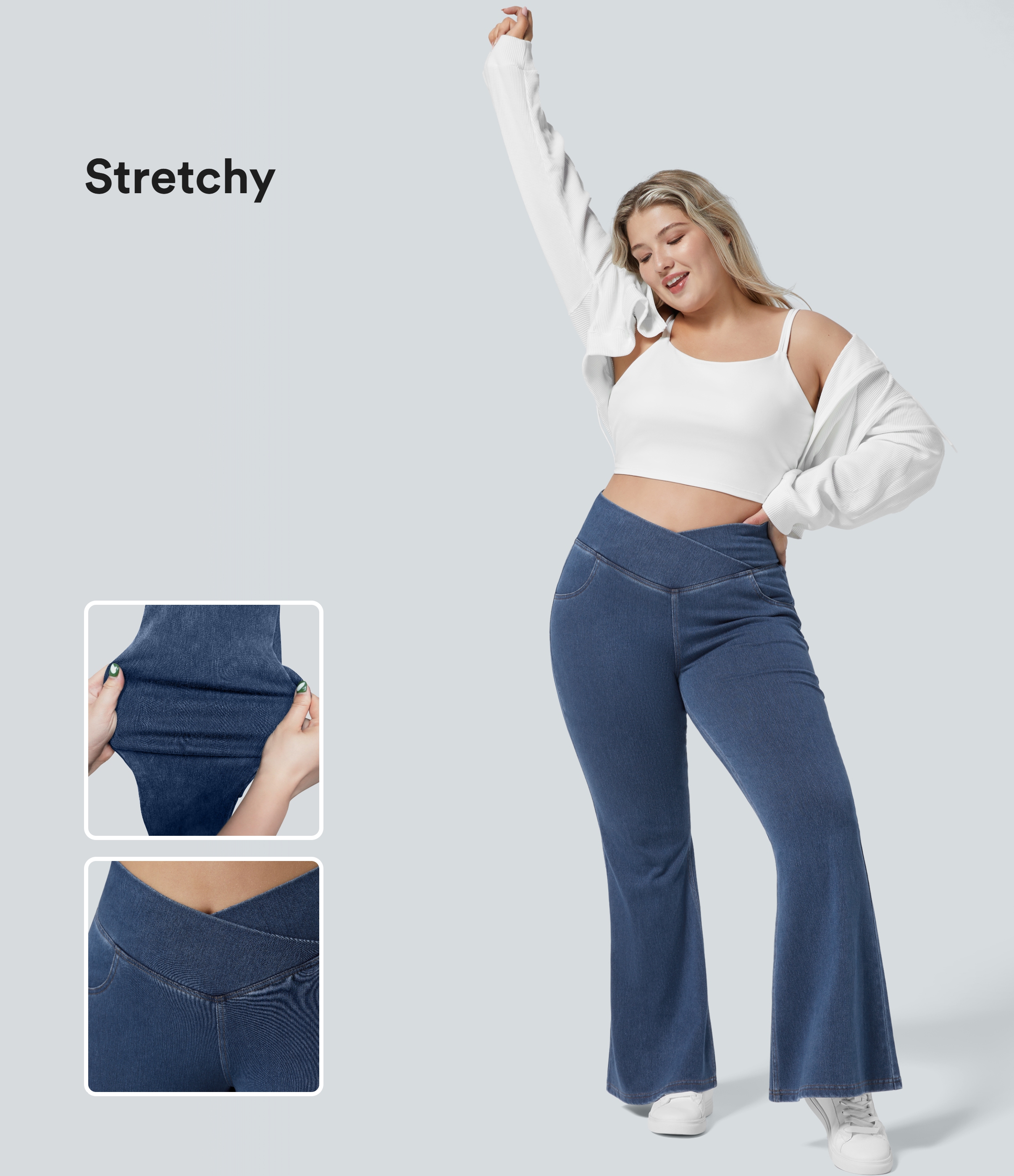 Halara Flex™ High Waisted Crossover Pocket Washed Women Casual Plus Size Denim Jeans