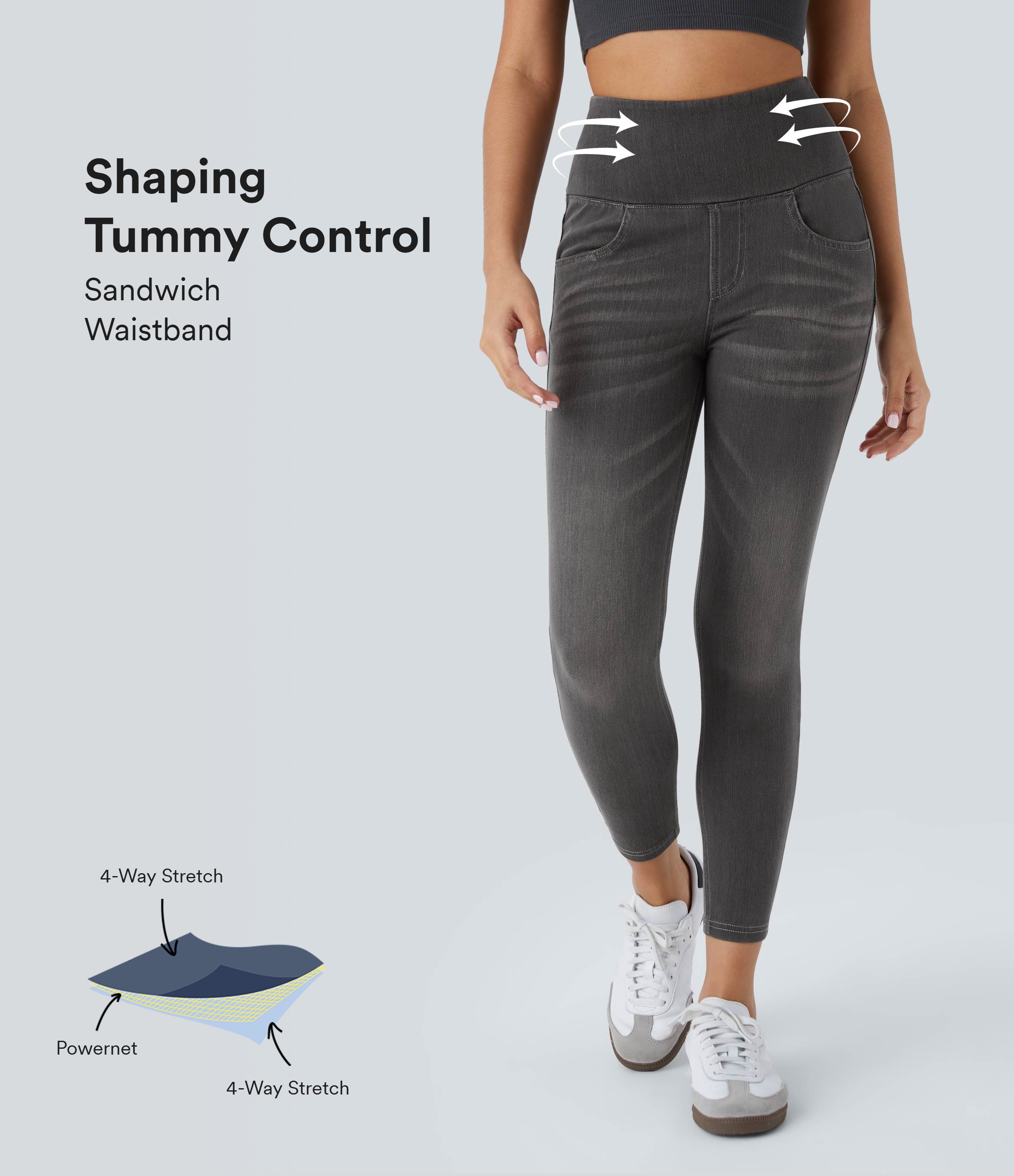 High Waisted Pockets Shaping Denim 7/8 Casual Leggings
