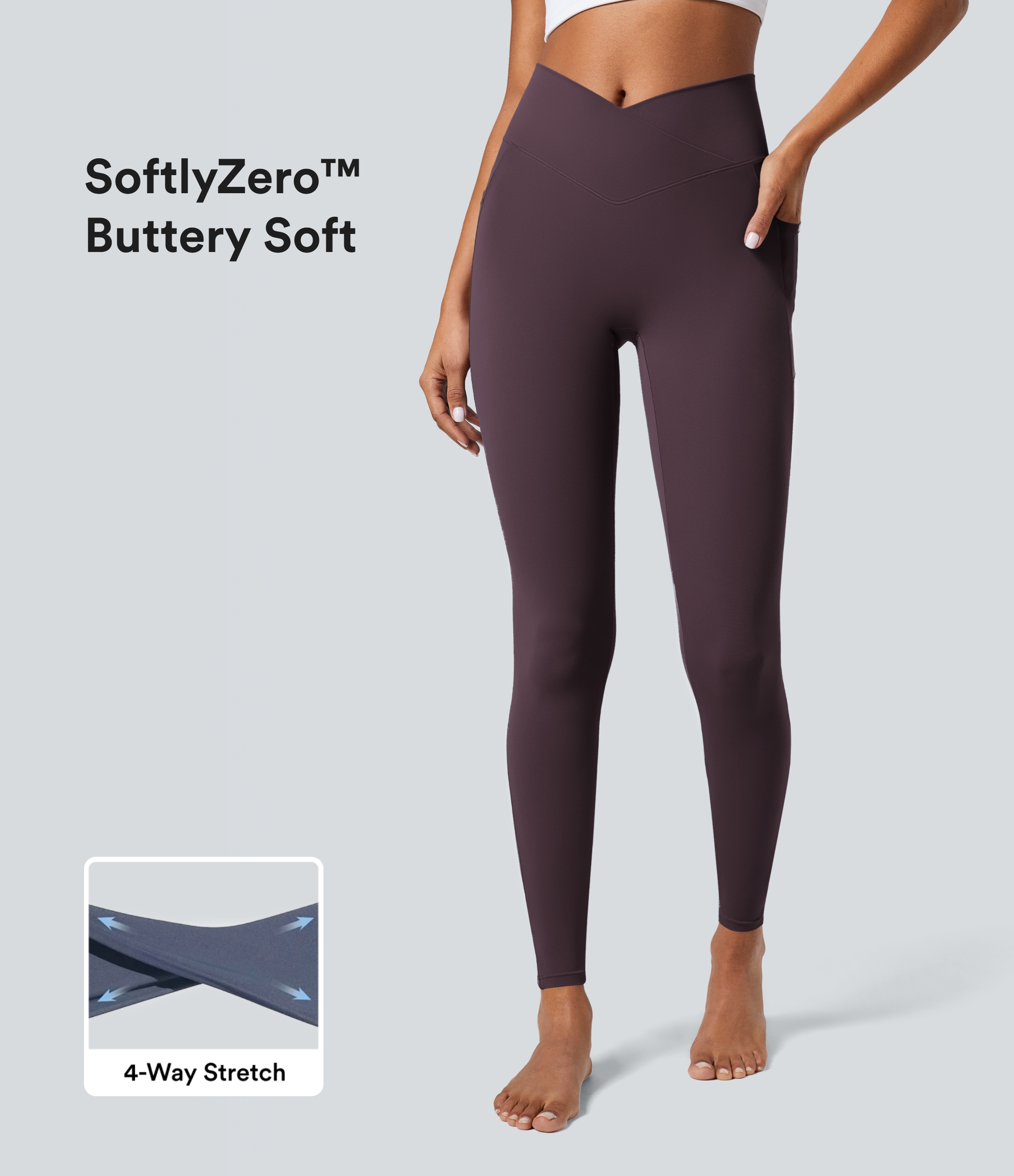 SoftlyZero™ Crossover Tights Women Gym Scrunch Plain Leggings-UPF50+ with Pockets