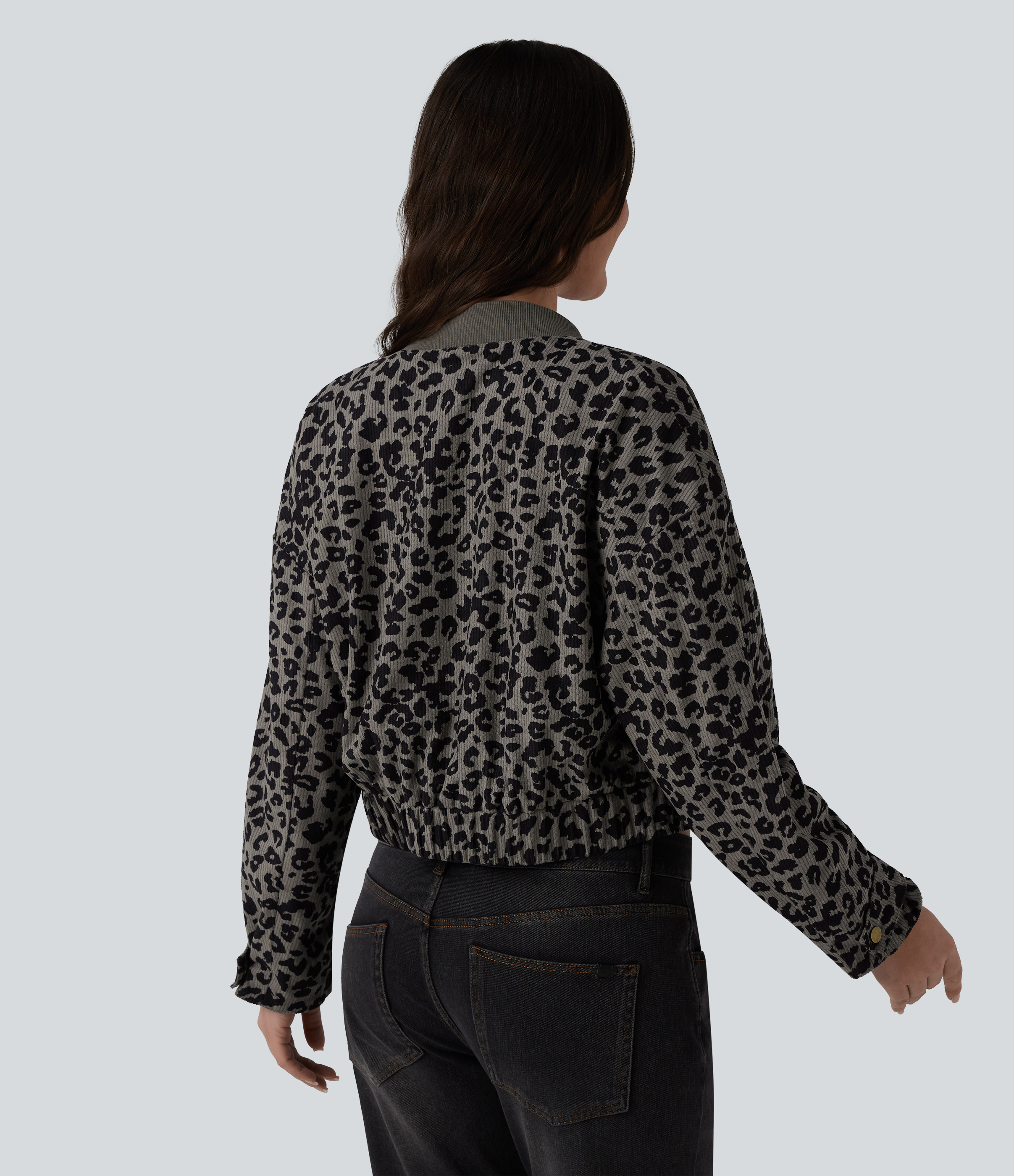 Sage Leopard Langärmelige Bomberjacke mit Leopardenmuster und Taschen / 2