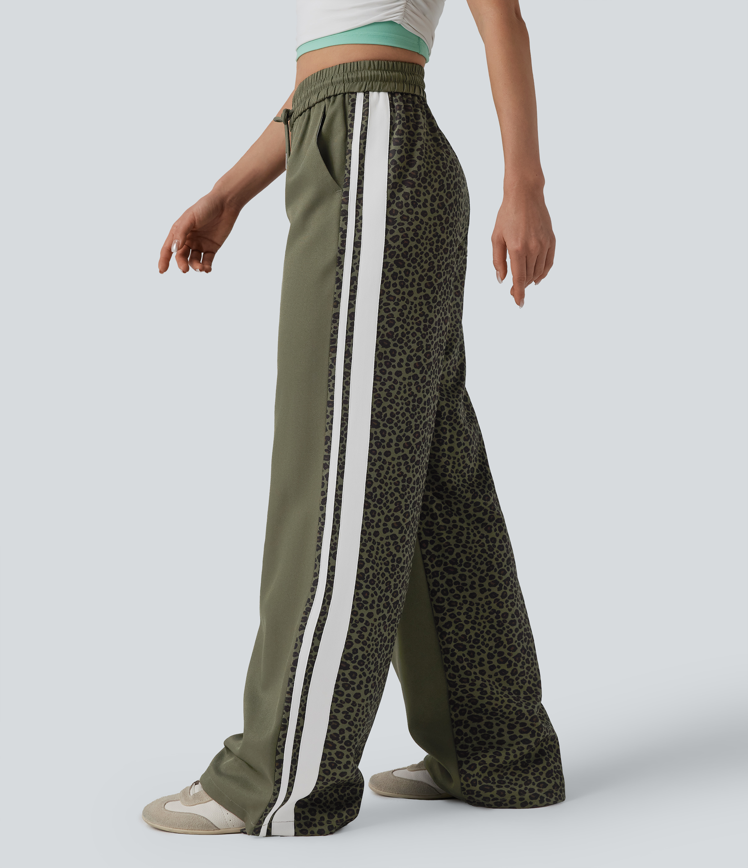 Olive Leopard Pantalon ample décontracté taille mi-haute avec cordon de serrage color block rayures léopard contrastant avec poches / 2