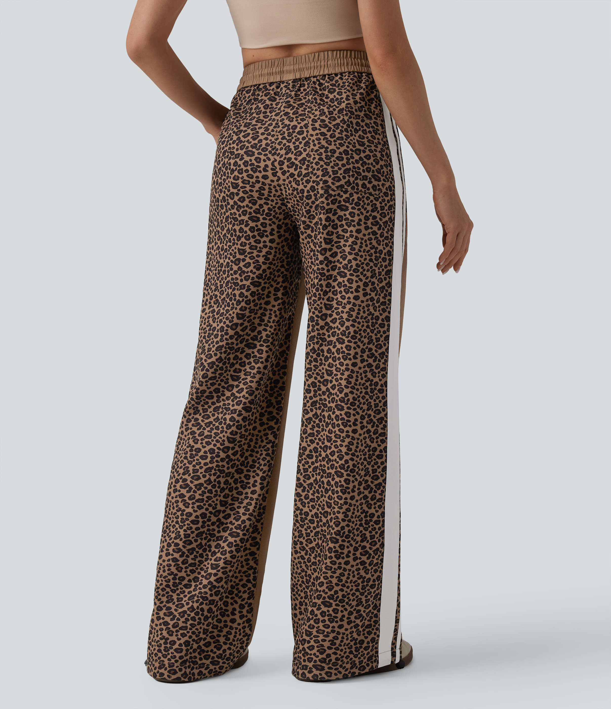 Black Coffee Leopard Print Mid Rise Drawstring Color Block Stripes Contrast Leopard Casual Baggy Pants with Pockets / 2