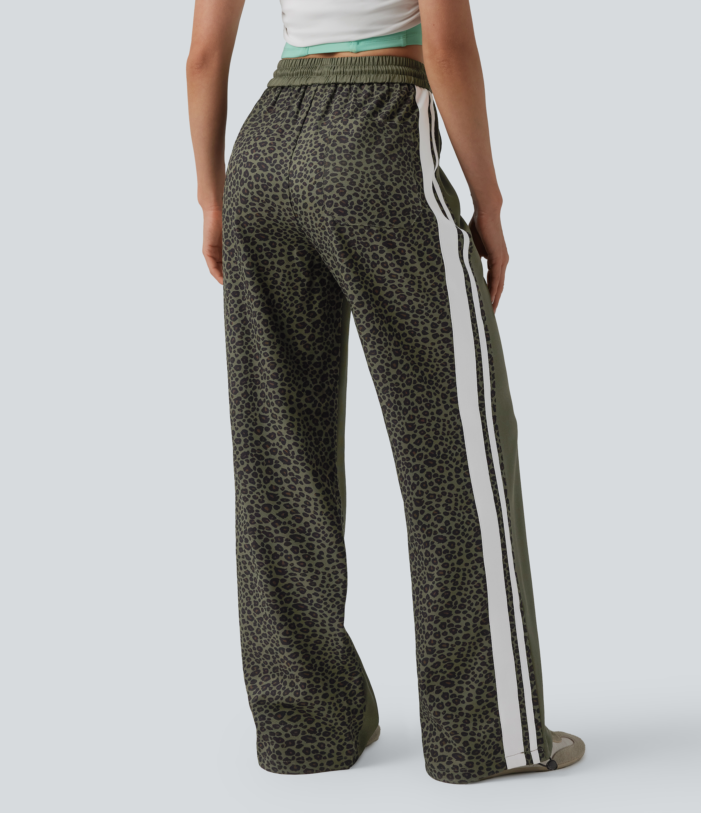 Pantalon ample décontracté taille mi-haute avec cordon de serrage color block rayures léopard contrastant avec poches