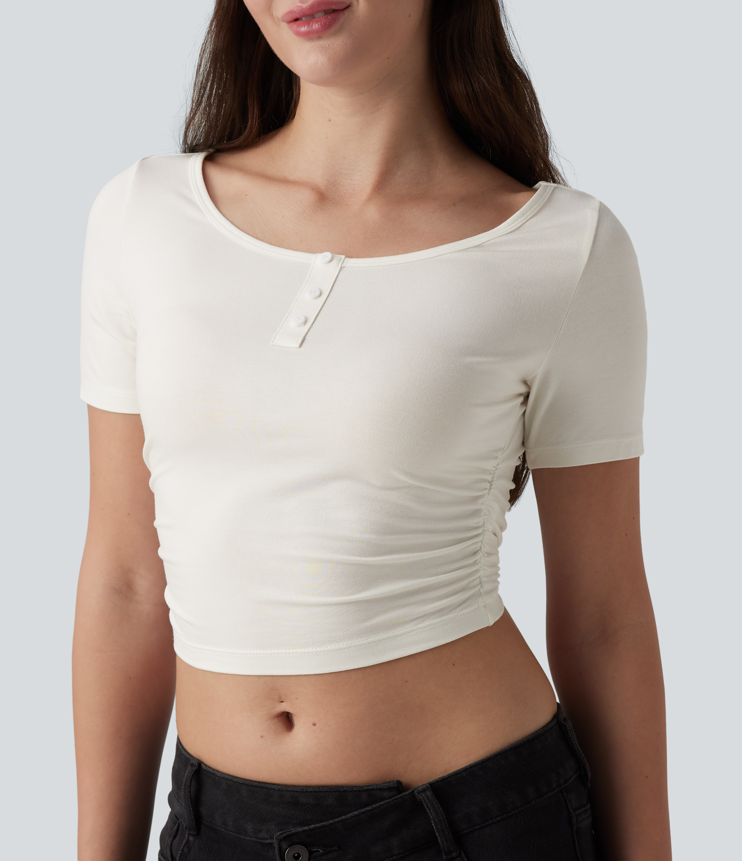 Scoop Neck Short Sleeve Ruched Cropped Slim Casual Top