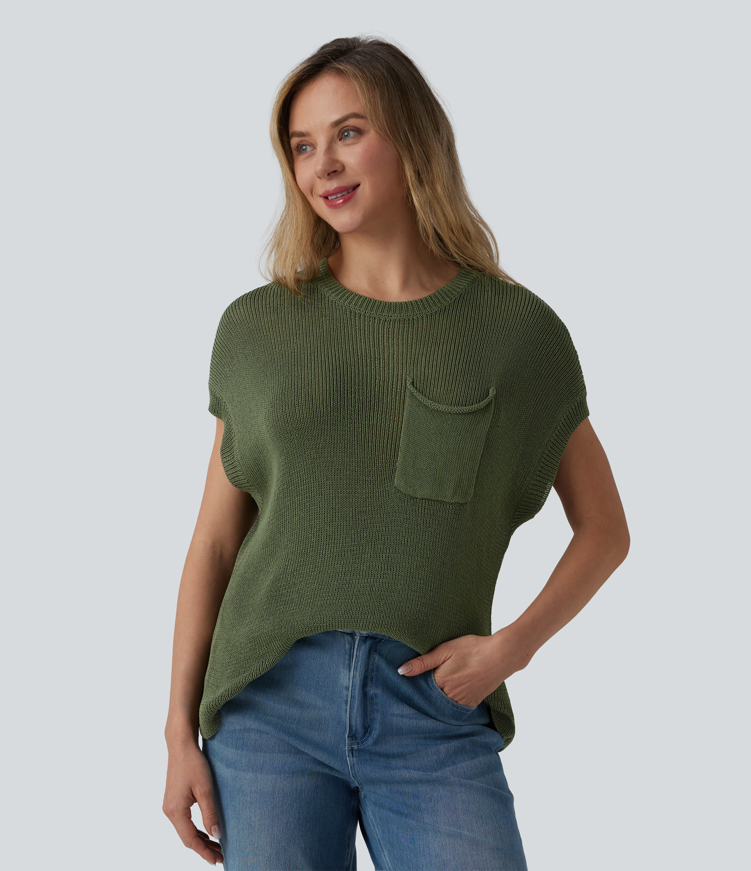 Round Neck Batwing Sleeve Casual Sweater with Pocket