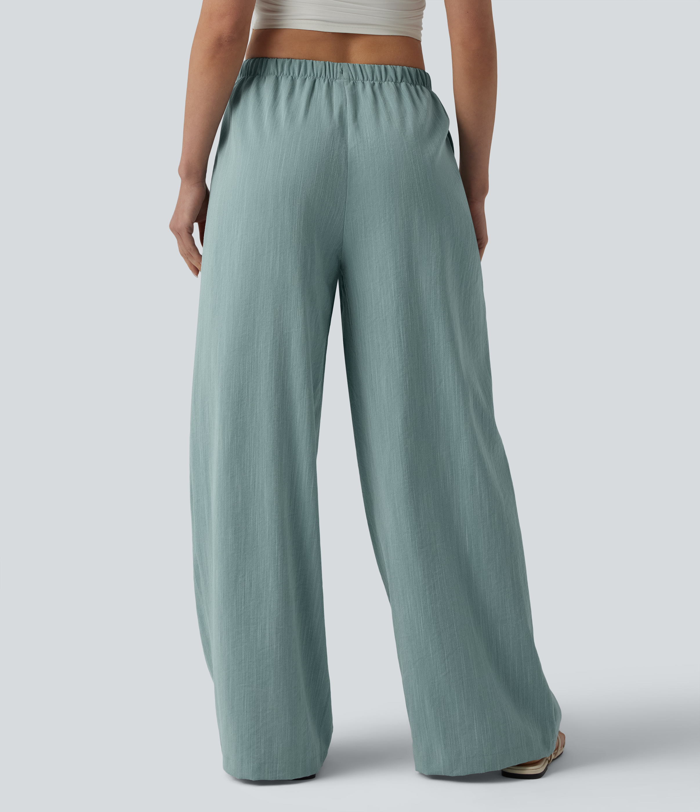 Silverwood Sage Pantalones casual de tiro medio con cordón, pernera ancha, tacto lino y bolsillos / 2