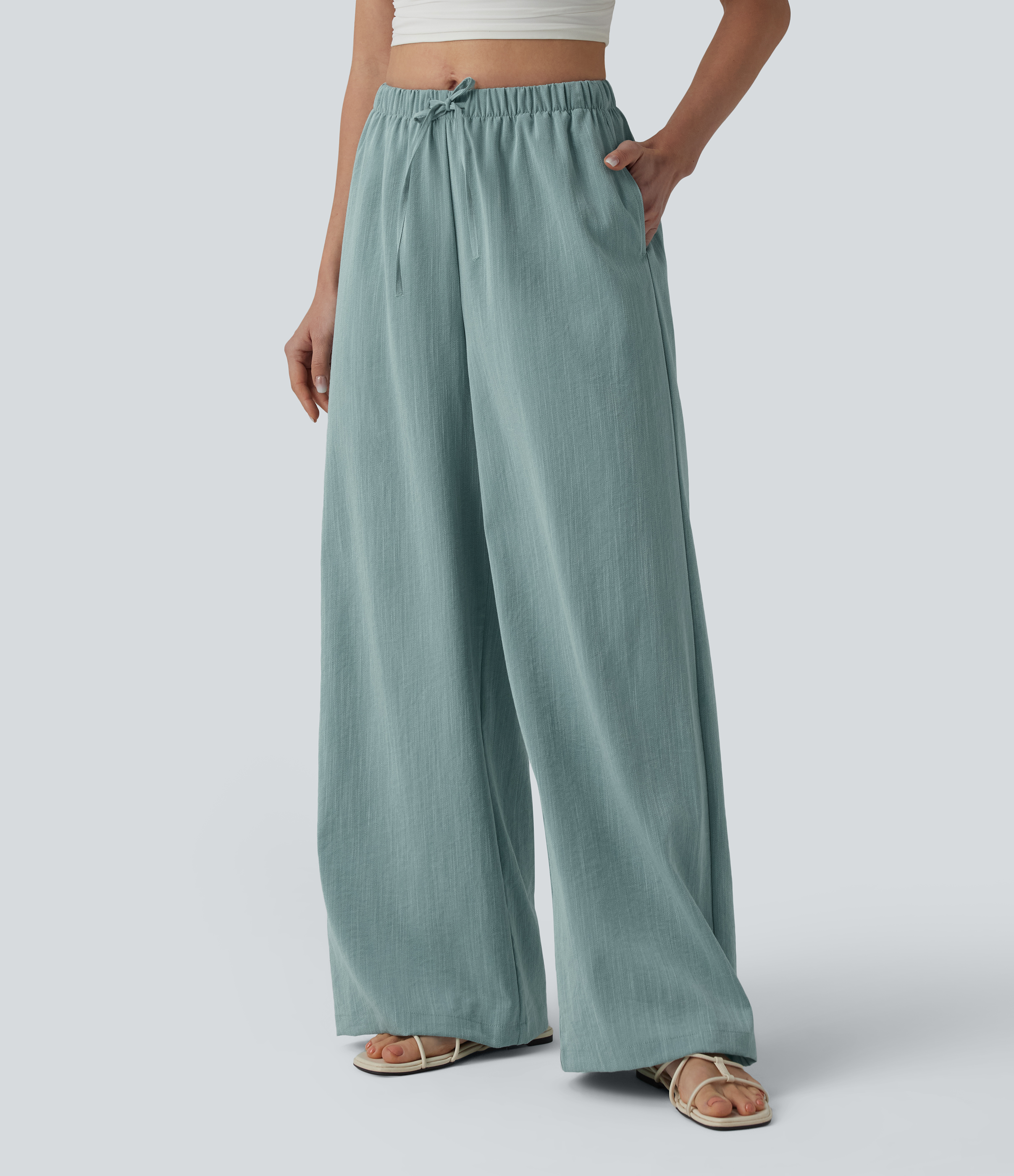Silverwood Sage Pantalones casual de tiro medio con cordón, pernera ancha, tacto lino y bolsillos / 1