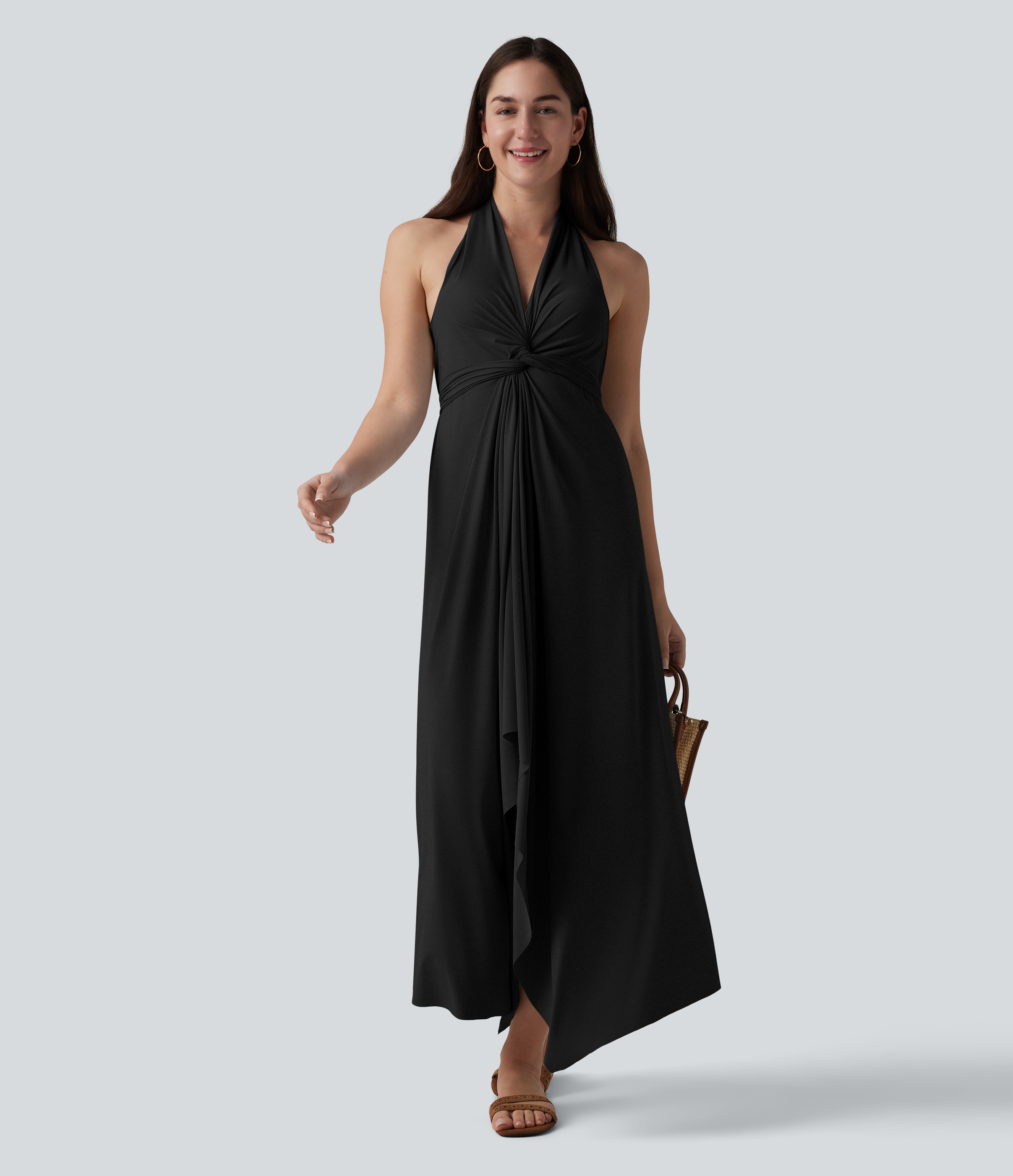 Maxikleid mit V-Ausschnitt und Bindeband am Rücken