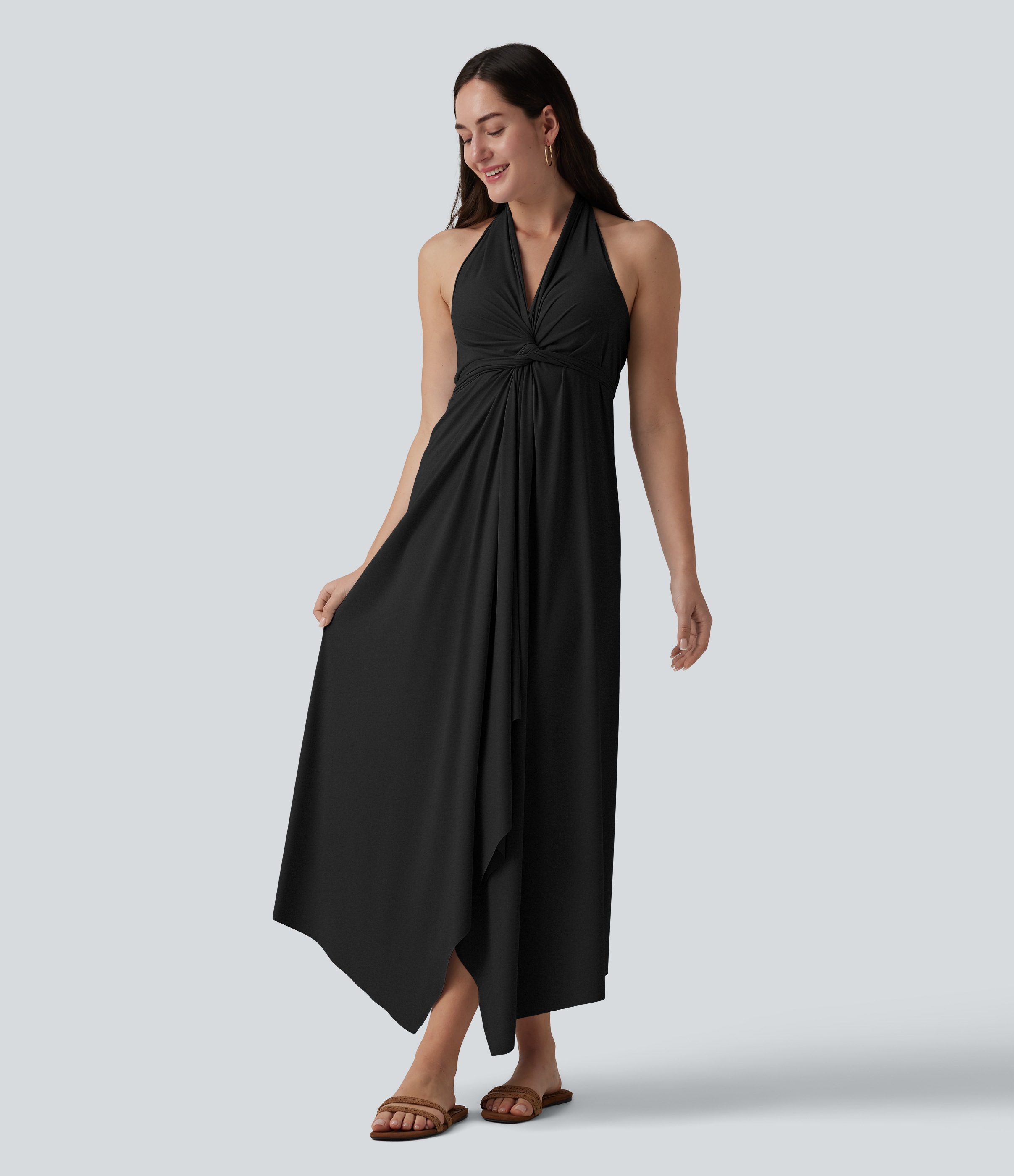 Schwarz Maxikleid mit V-Ausschnitt und Bindeband am Rücken / 2