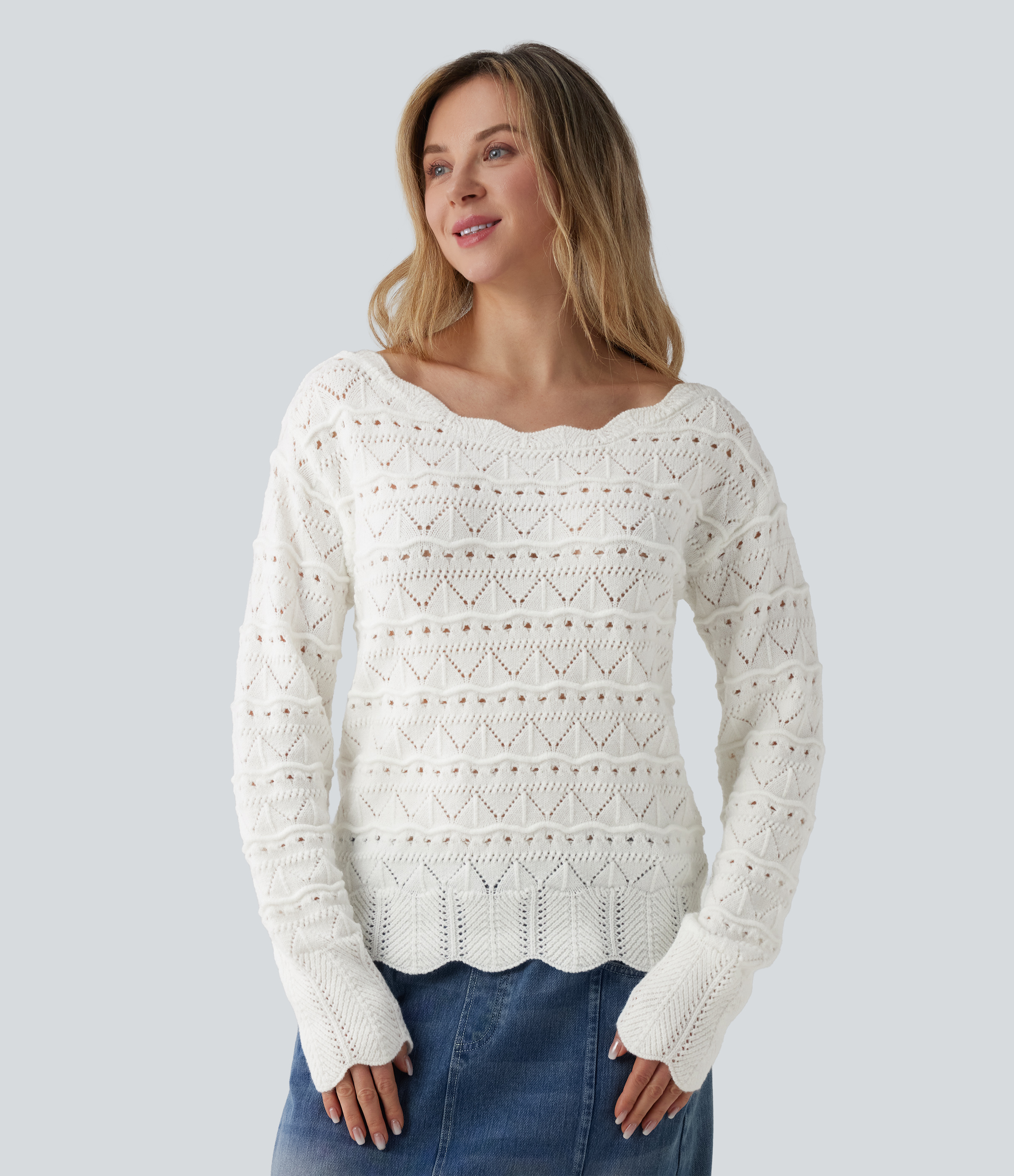 Lässiger, offen gestrickter Pullover mit Boot-Ausschnitt und langen Ärmeln