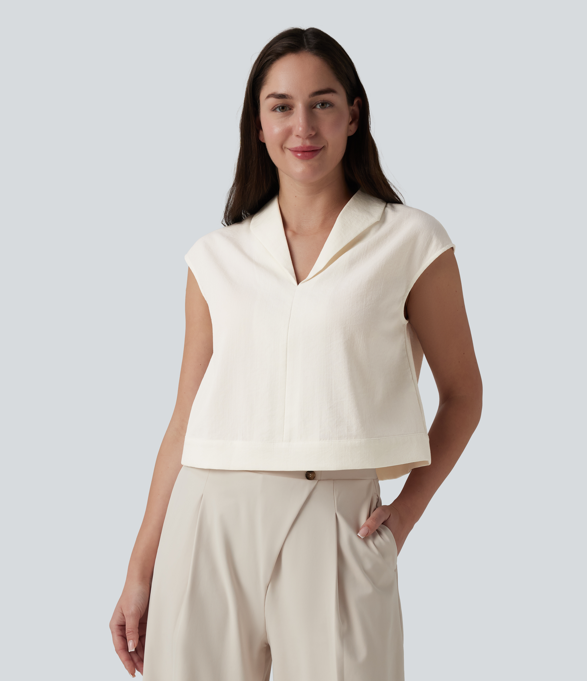 Cap Sleeve Casual Linen-Feel Shirt