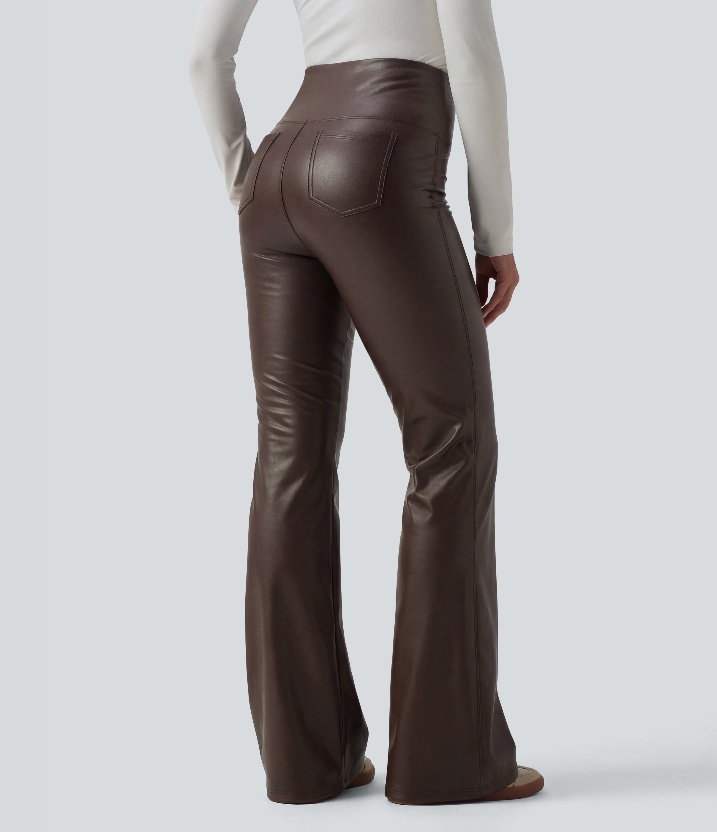 Hot Fudge High Waisted Tummy Control Stretchy PU Fleece Flare Casual Trousers with Pockets / 2