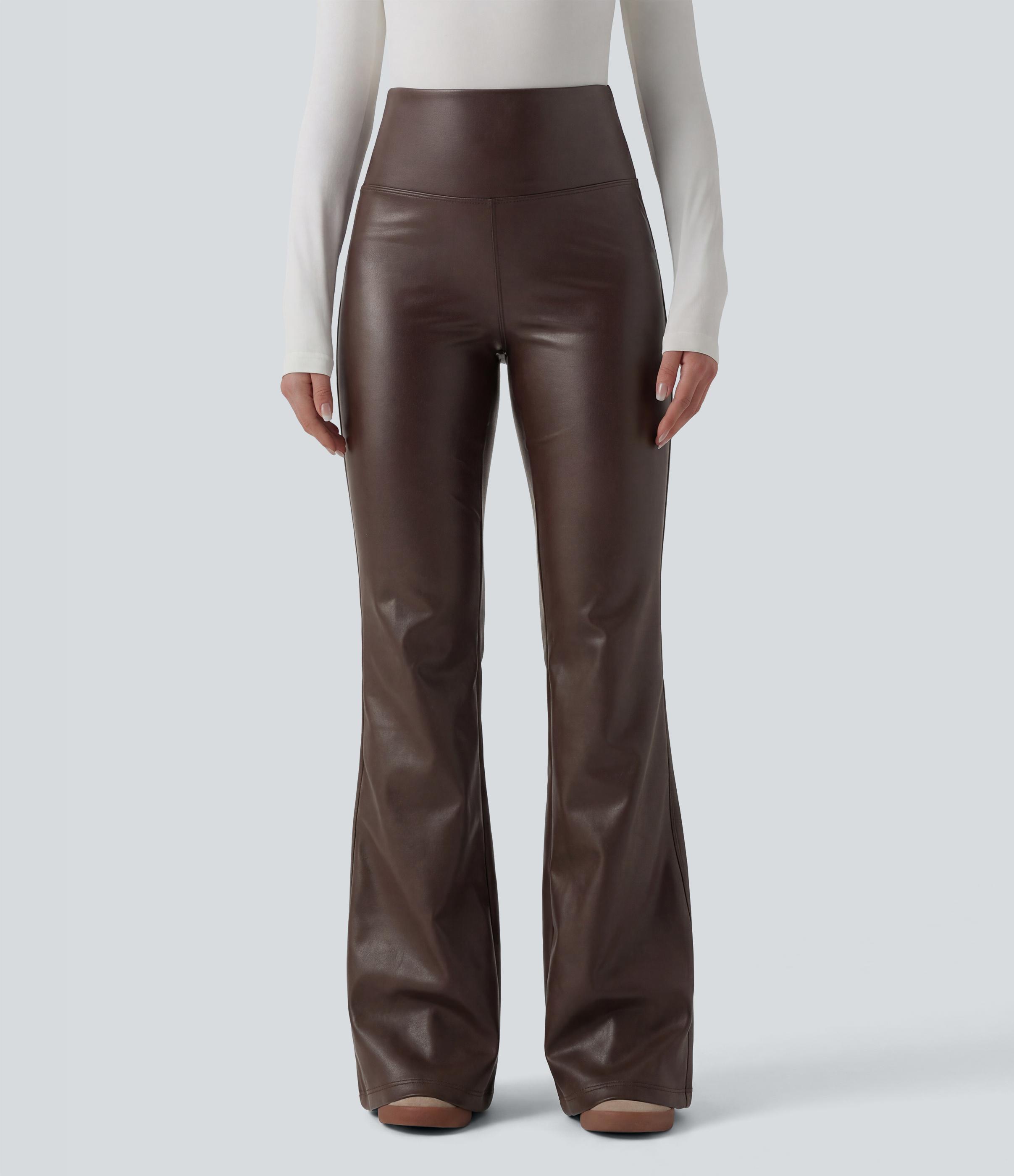 High Waisted Tummy Control Stretchy PU Fleece Flare Casual Pants with Pockets