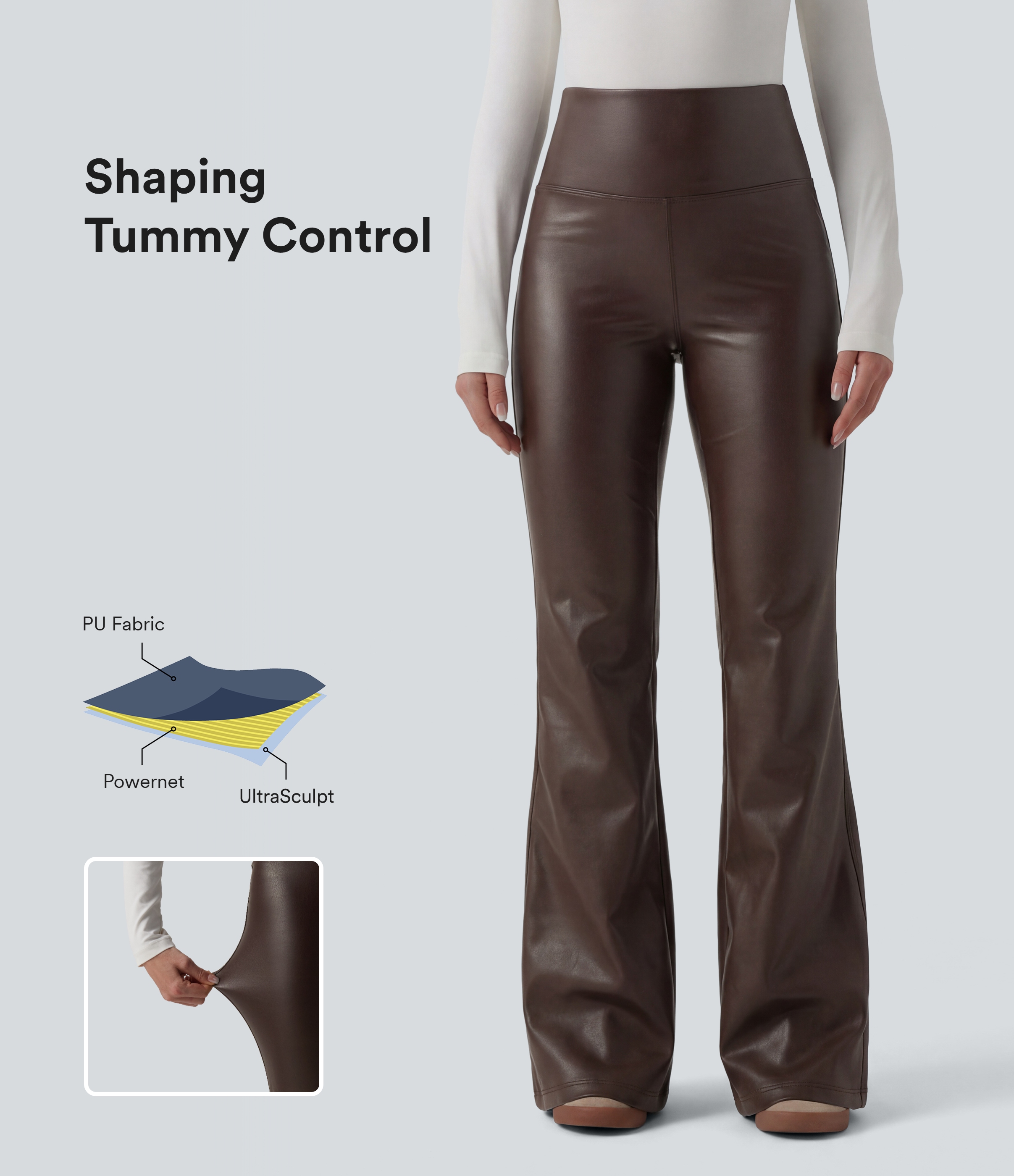 High Waisted Tummy Control Stretchy PU Fleece Flare Casual Pants with Pockets