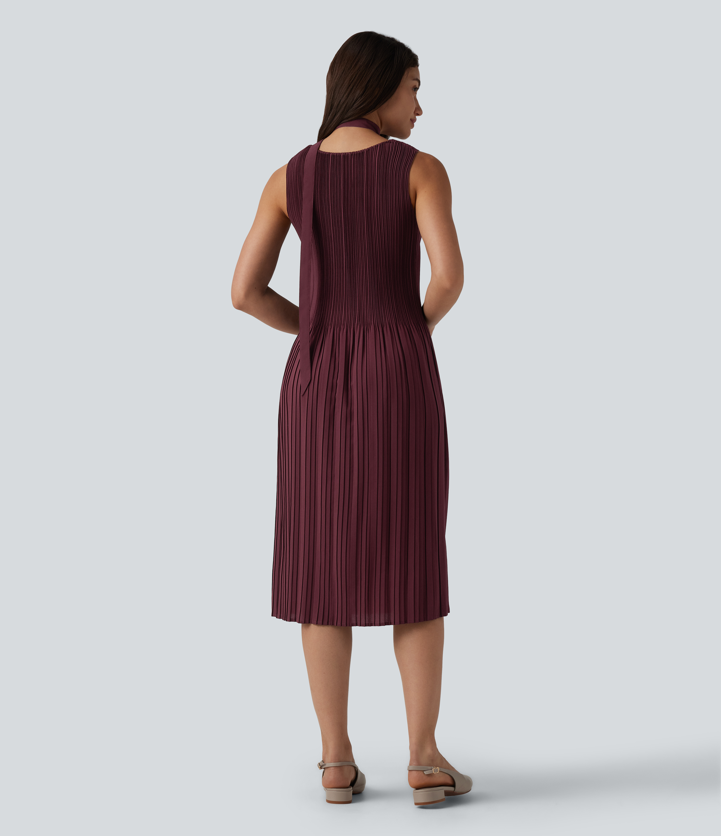 Oxblood Red Boat Neck Sleeveless Belted Plisse Midi Work Dress / 2